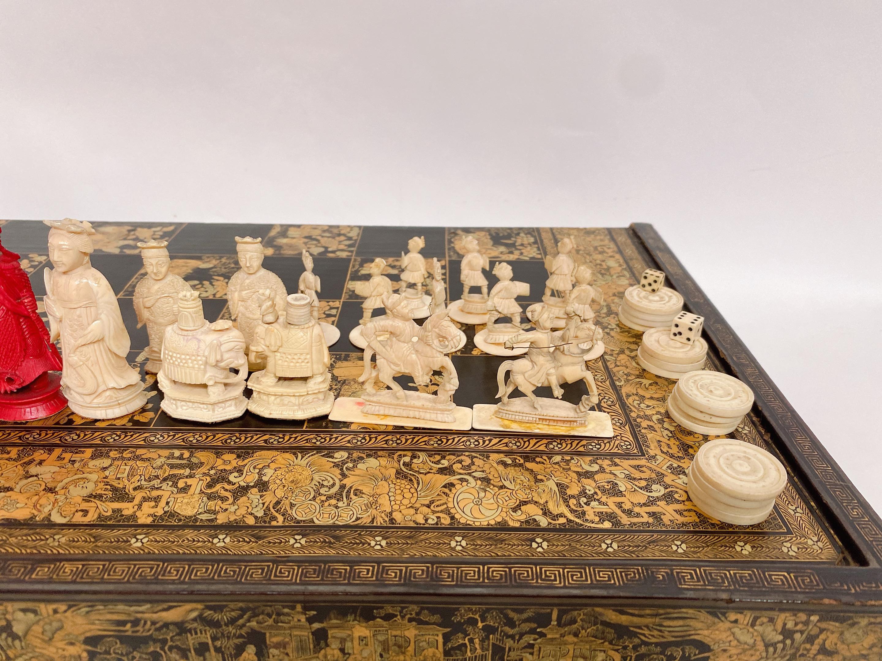 19th Century Rare Large Chinese Gilt Lacquer Gaming Board Box with Chesses For Sale 12
