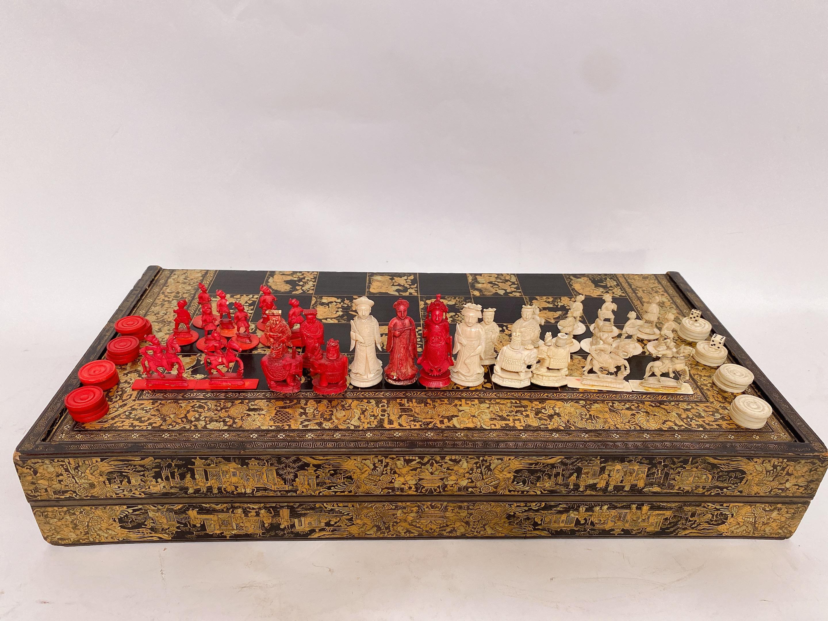 Qing 19th Century Rare Large Chinese Gilt Lacquer Gaming Board Box with Chesses For Sale