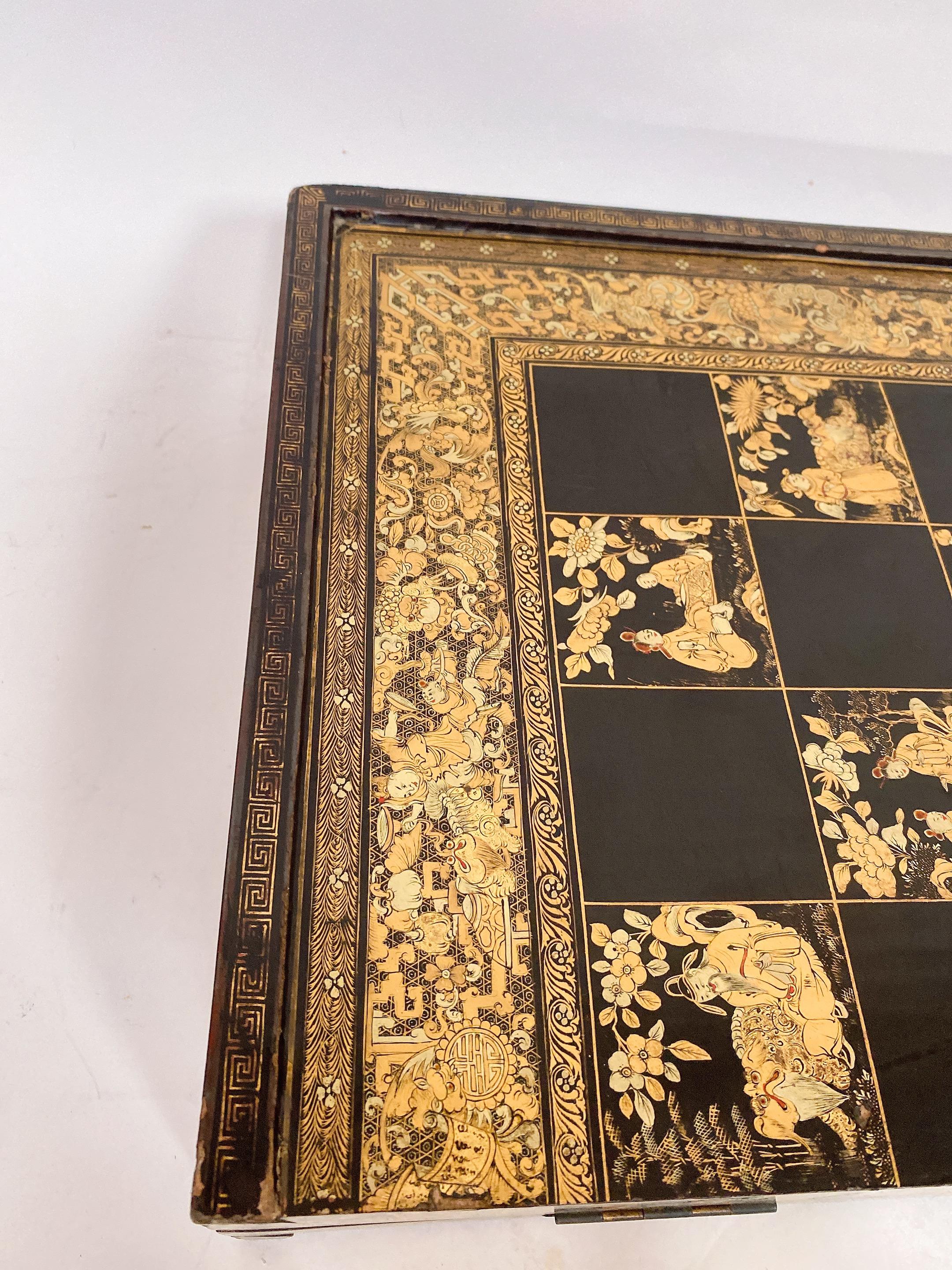 Lacquered 19th Century Rare Large Chinese Gilt Lacquer Gaming Board Box with Chesses For Sale