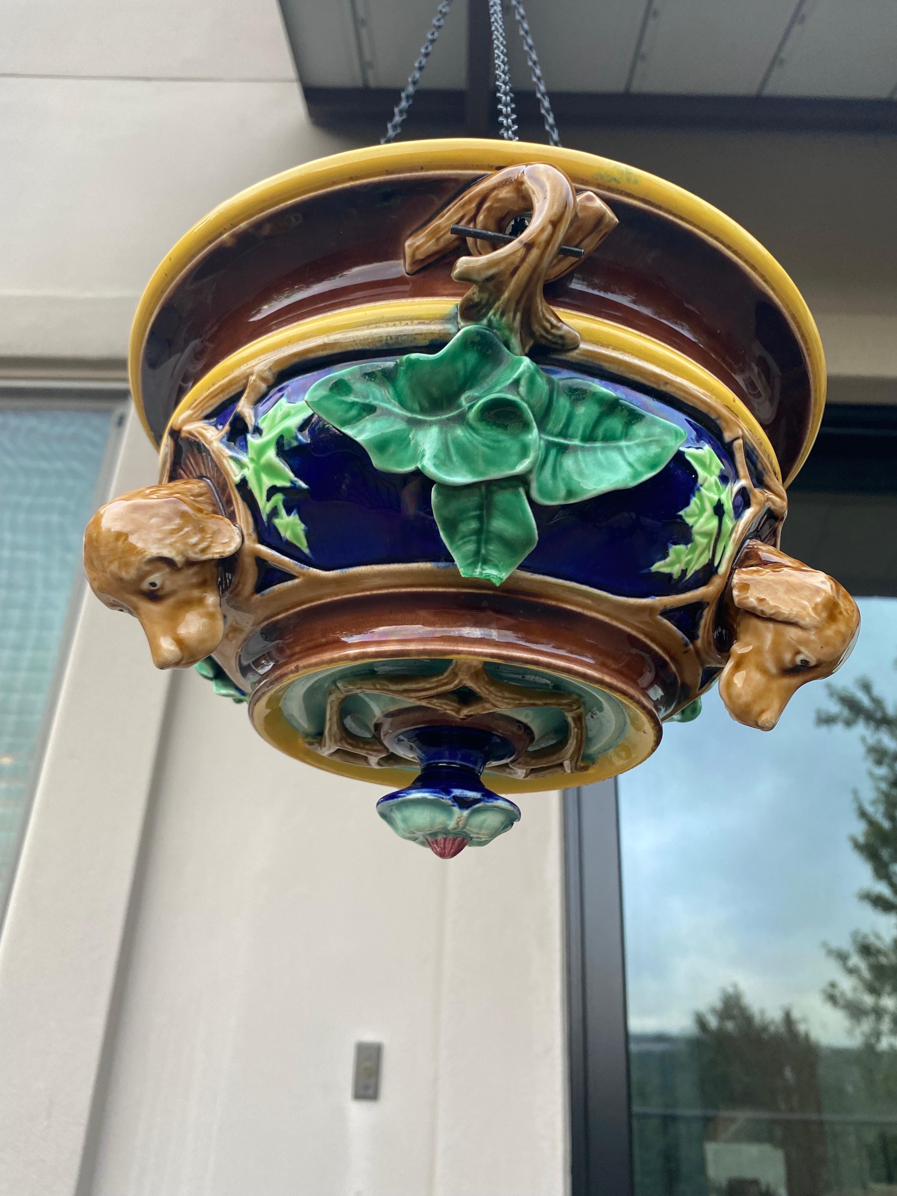 French 19th Century Rare Majolica Hanging Jardiniere with Dogs Sarreguemines For Sale