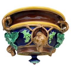 19th Century Rare Majolica Hanging Jardiniere with Dogs Sarreguemines
