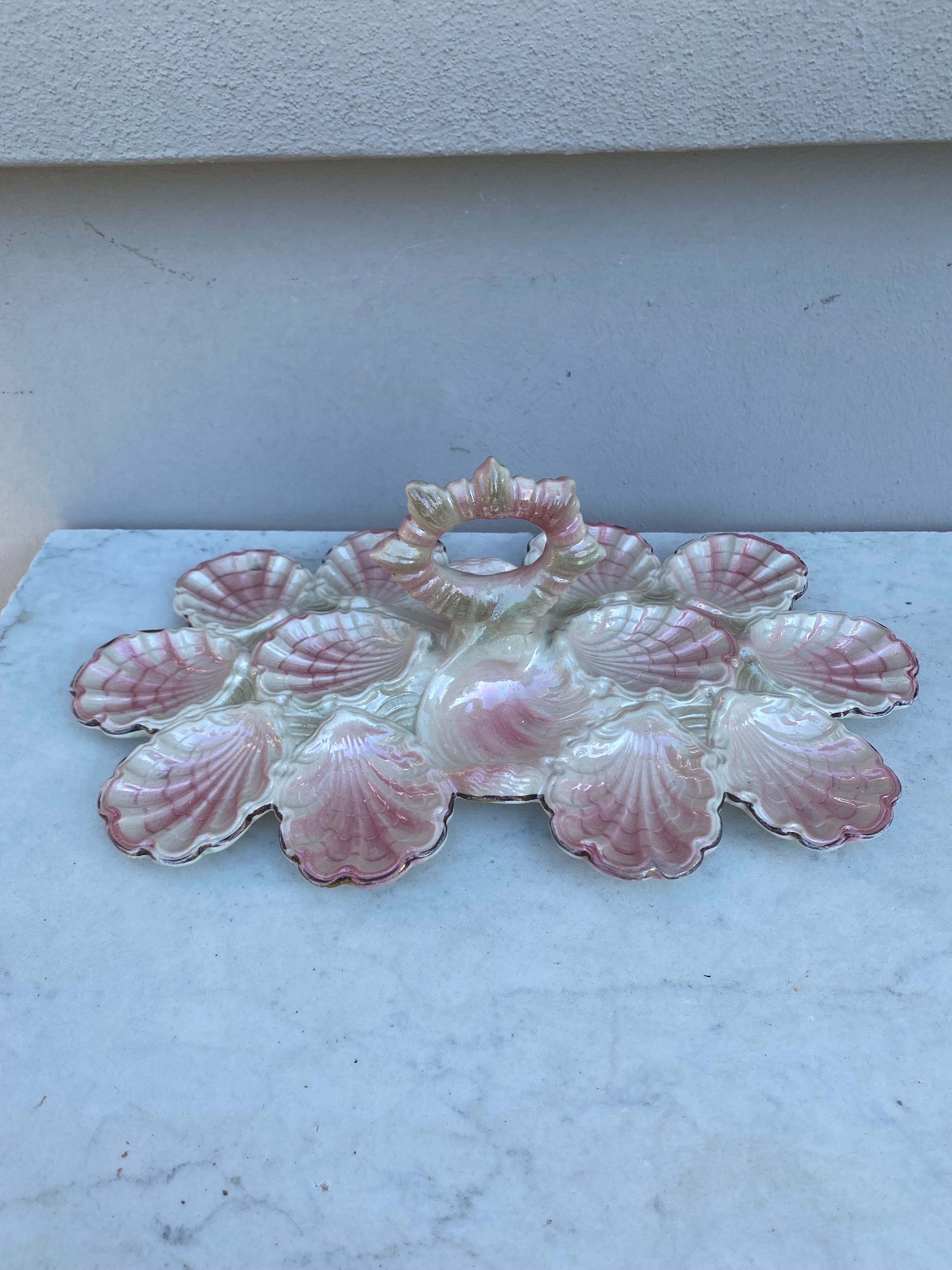 19th Century Rare Majolica Oyster Server Fives Lille.
Very rare pink iridescent color.