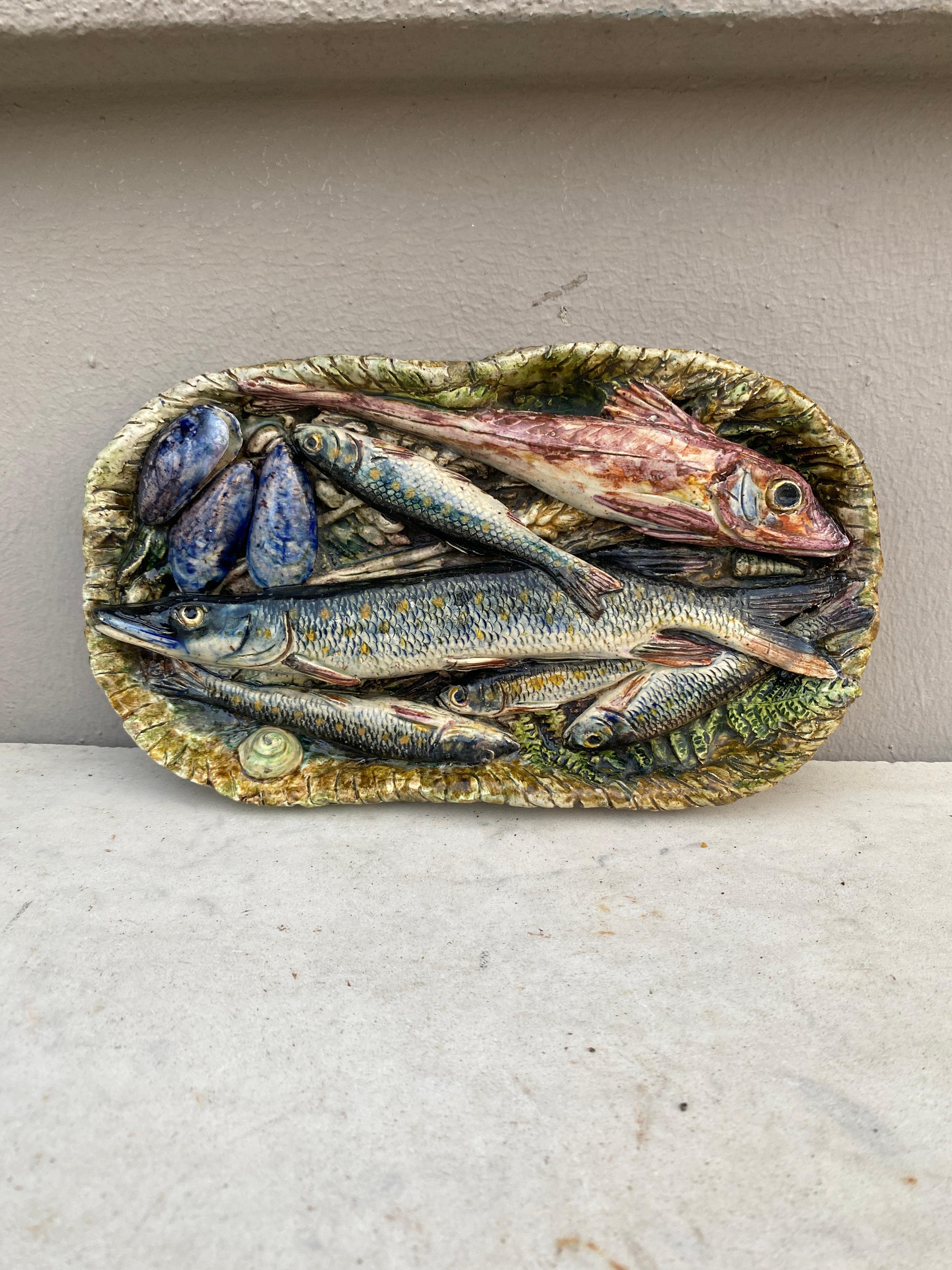 Rustic 19th Century Rare Majolica Palissy Fish Basket Platter Leon Brard For Sale