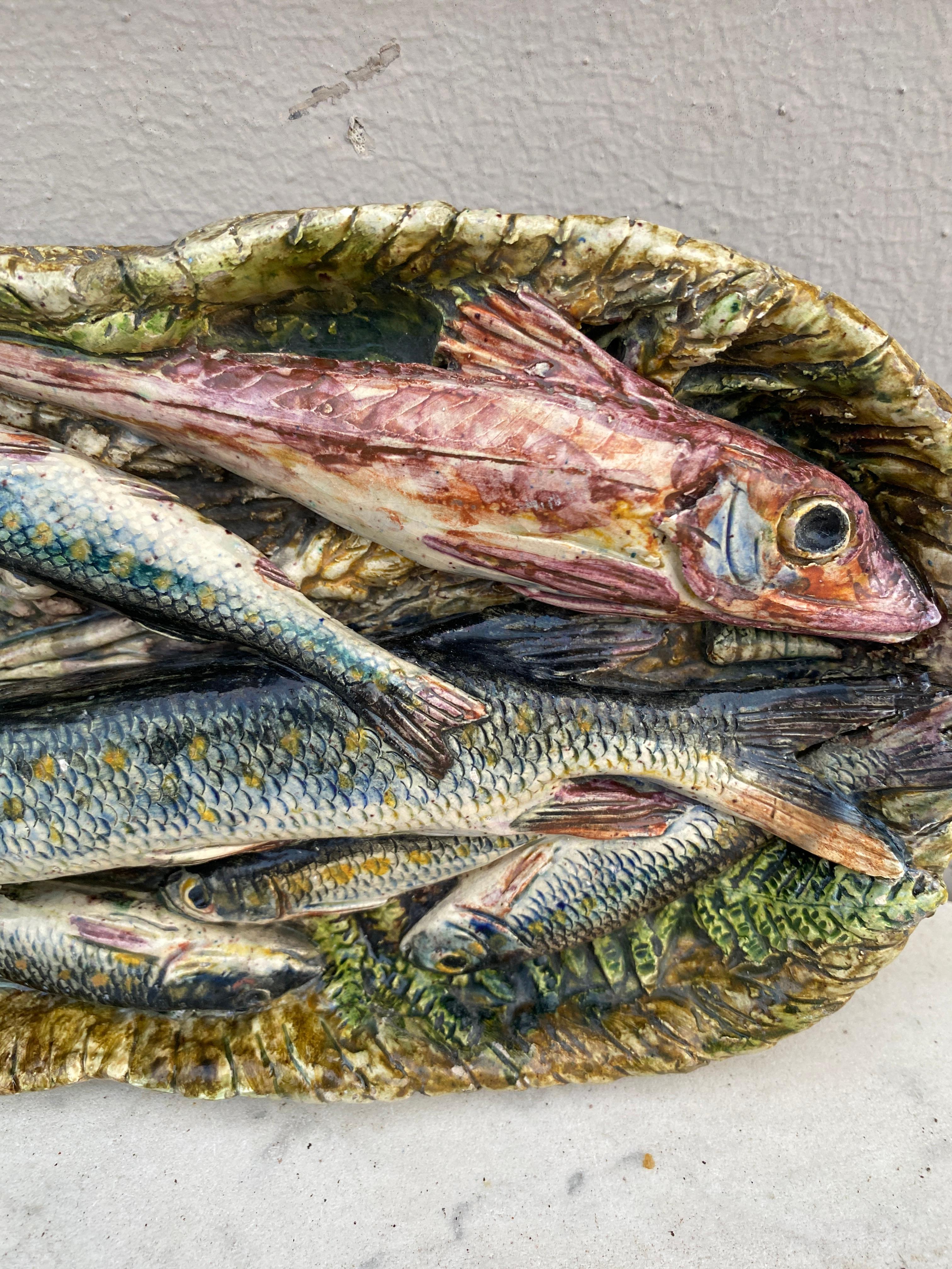 19th Century Rare Majolica Palissy Fish Basket Platter signed Leon Brard.
7 fishs, mussels ,ears of wheat ,and shell.