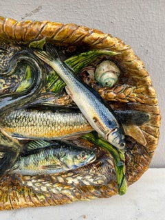 19th Century Rare Majolica Palissy Fish Basket Platter Leon Brard