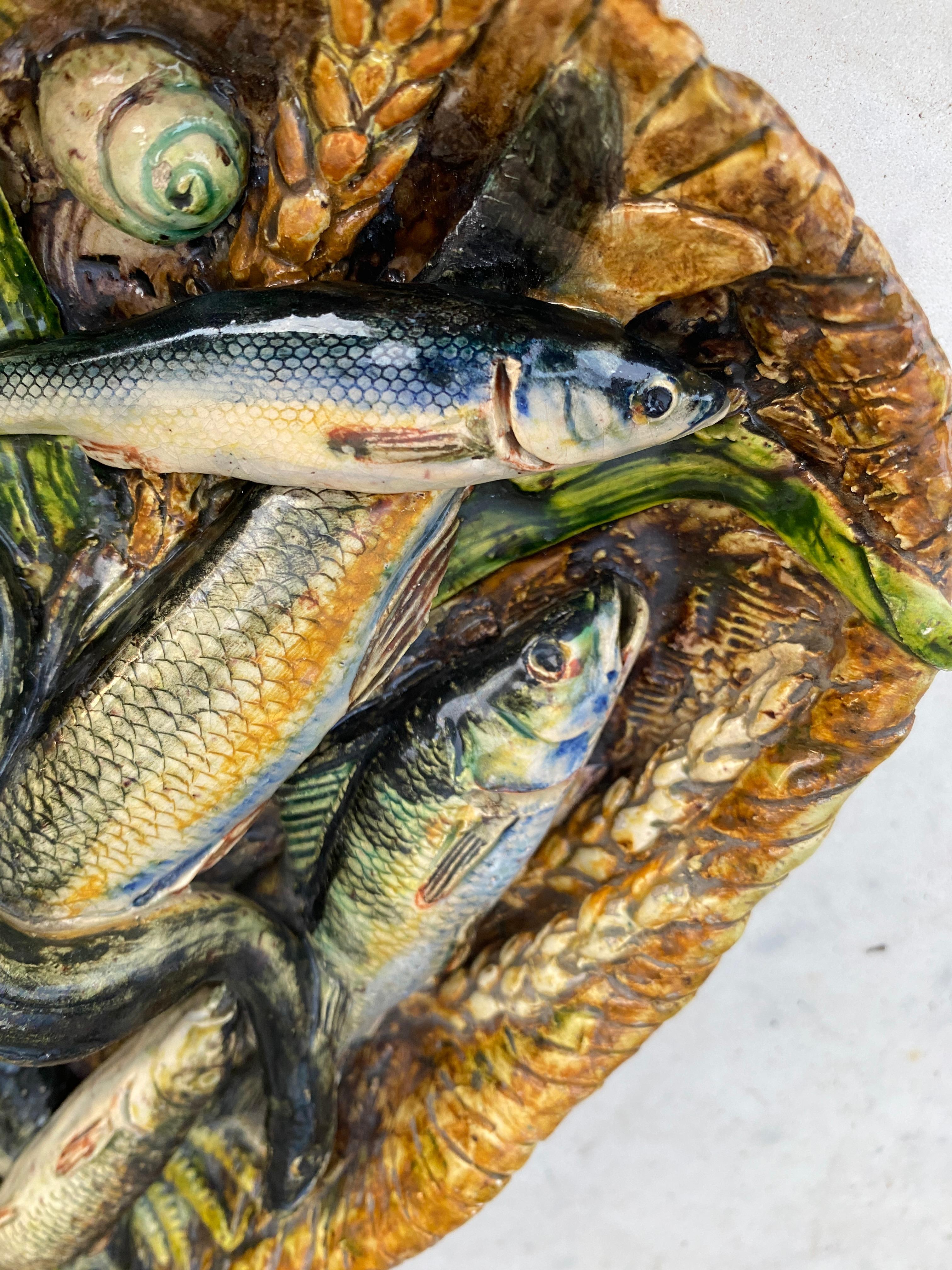 French 19th Century Rare Majolica Palissy Fish Basket Platter Leon Brard For Sale