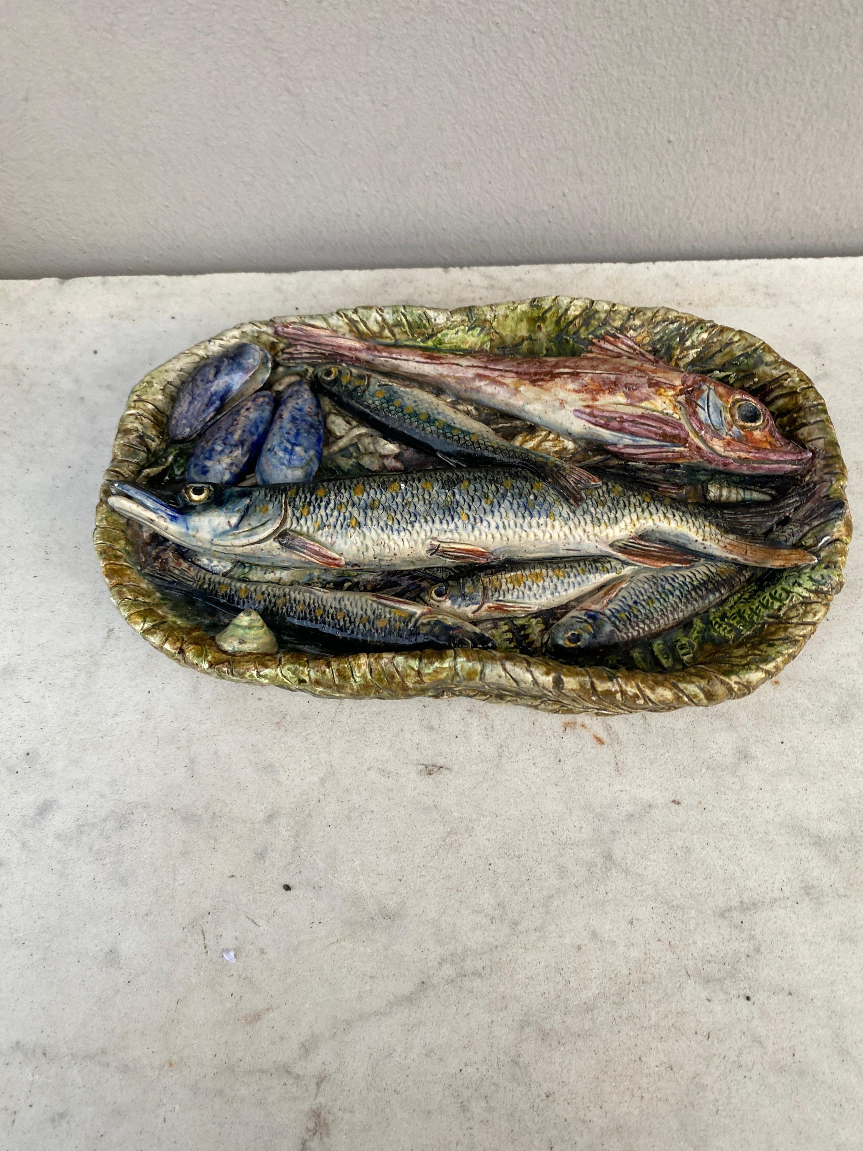 French 19th Century Rare Majolica Palissy Fish Basket Platter Leon Brard For Sale