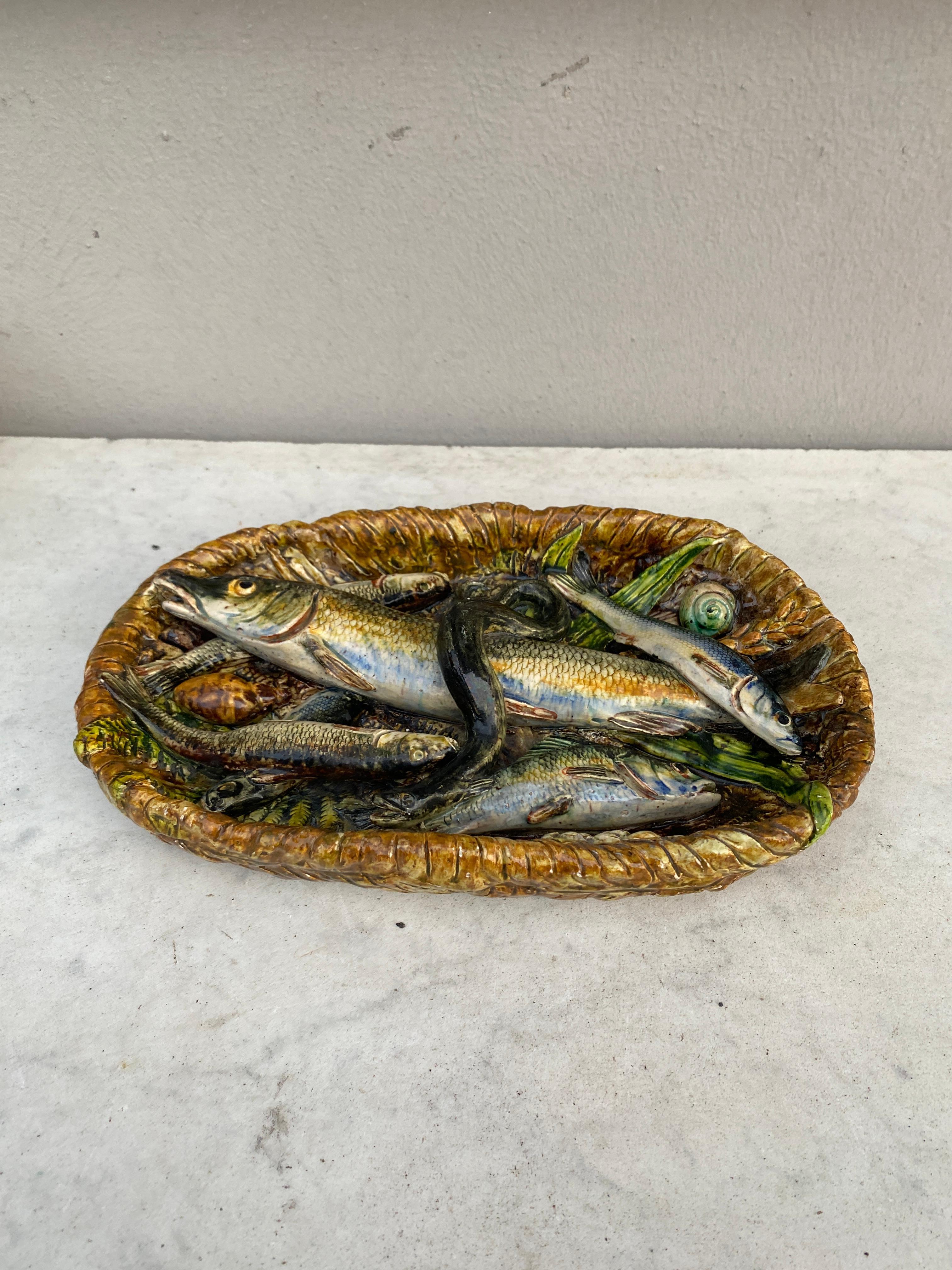 Late 19th Century 19th Century Rare Majolica Palissy Fish Basket Platter Leon Brard For Sale