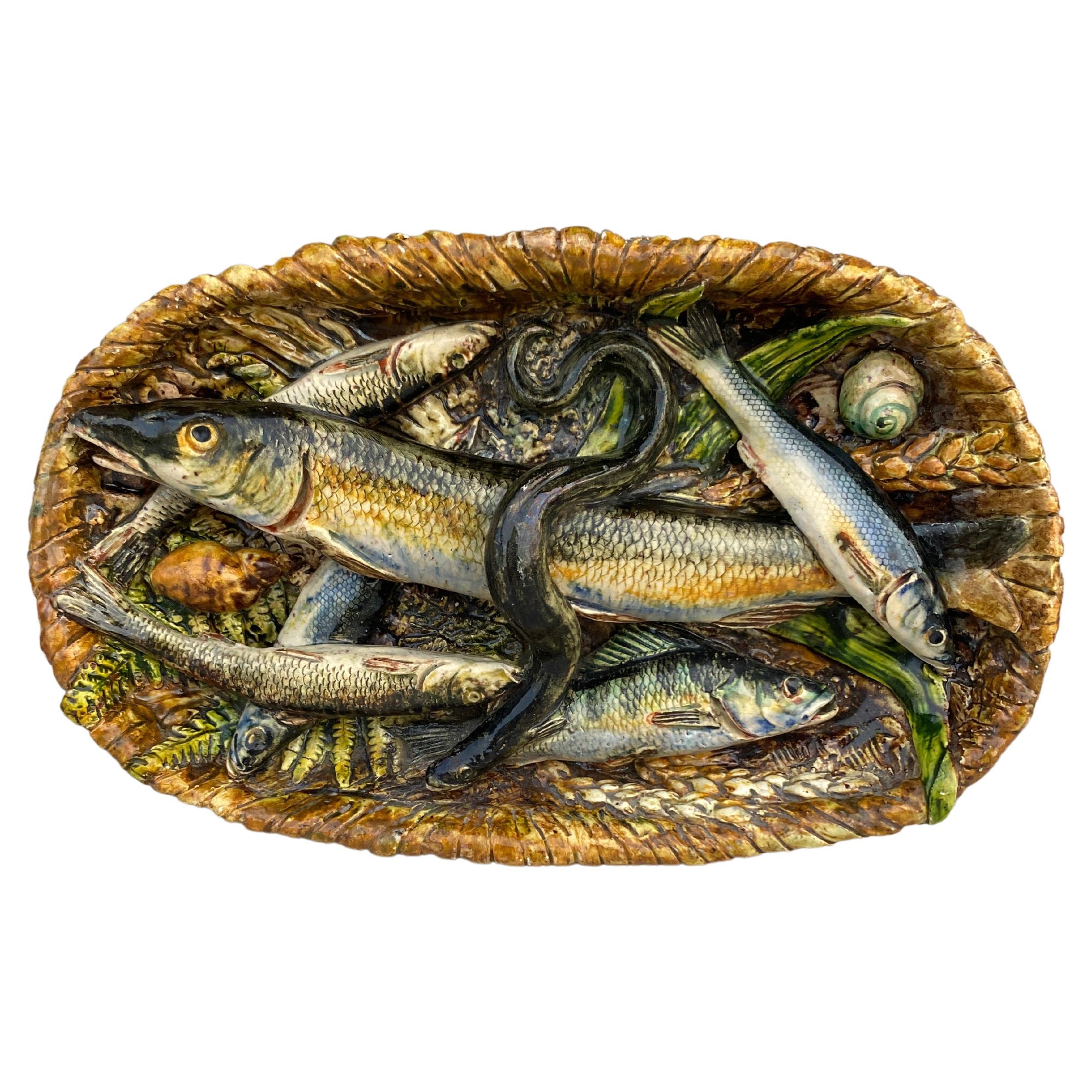 19th Century Rare Majolica Palissy Fish Basket Platter Leon Brard For Sale