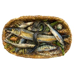 Rare plat à poisson Palissy en majolique du 19ème siècle Brard Leon