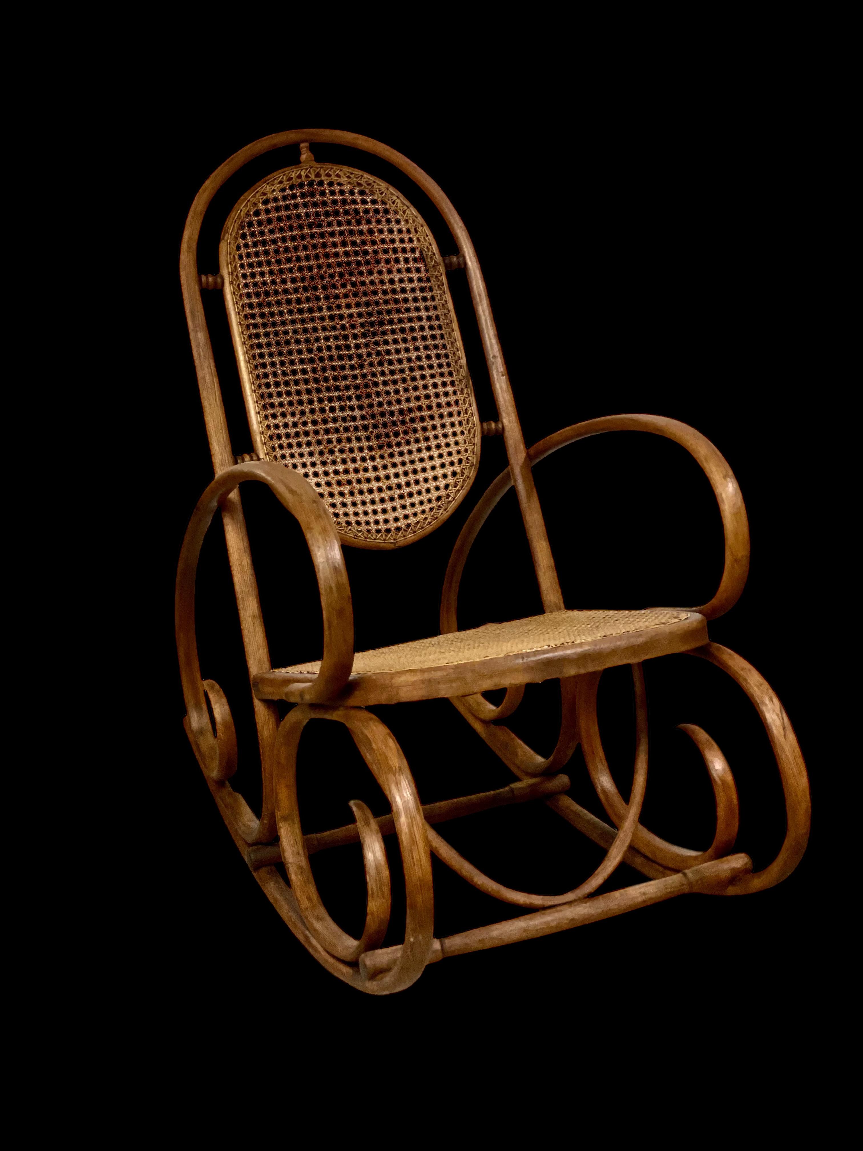19th Century Rare Pair of Beechwood and Cane Rocking Chairs For Sale 8