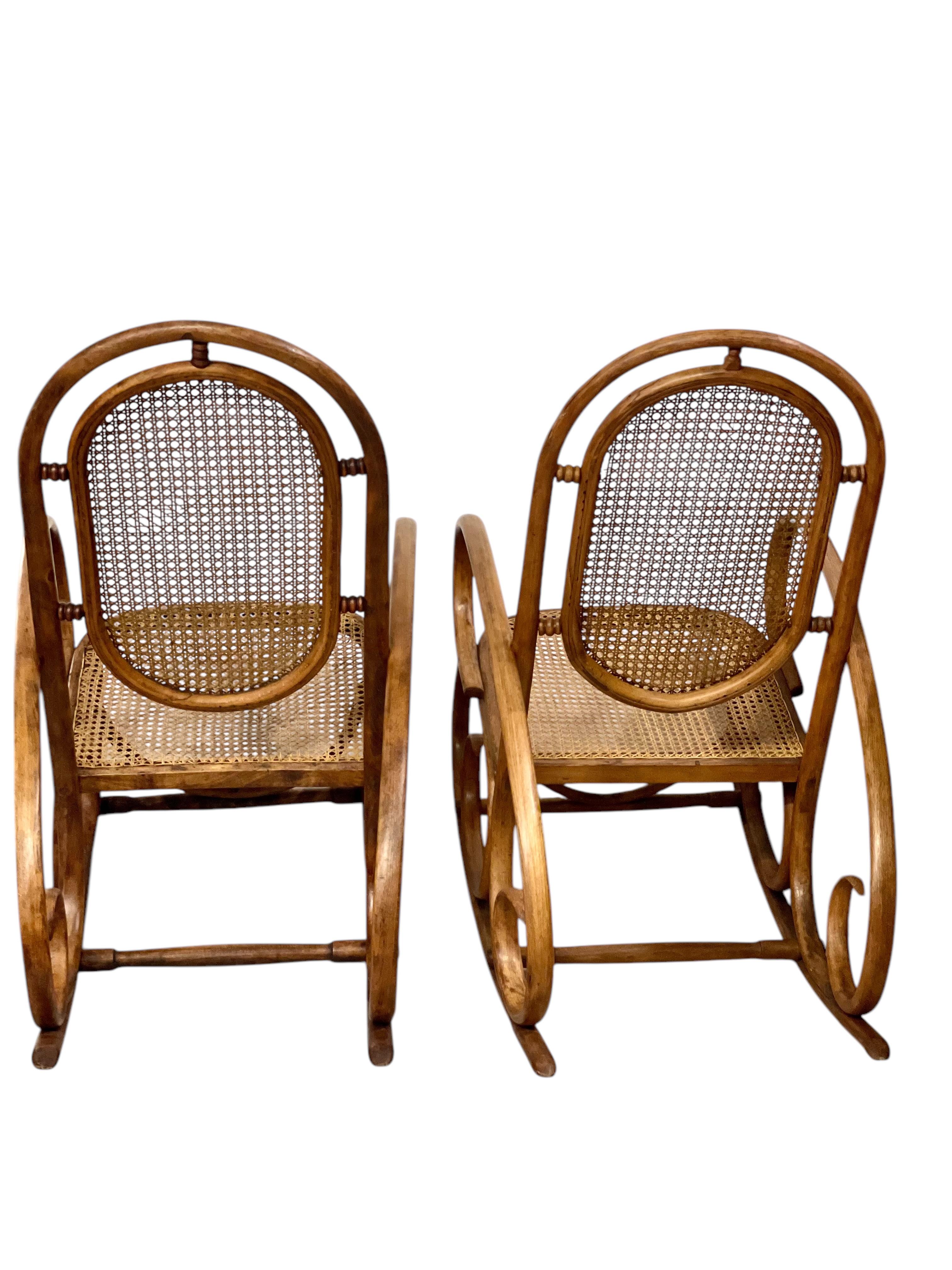 19th Century Rare Pair of Beechwood and Cane Rocking Chairs For Sale 1