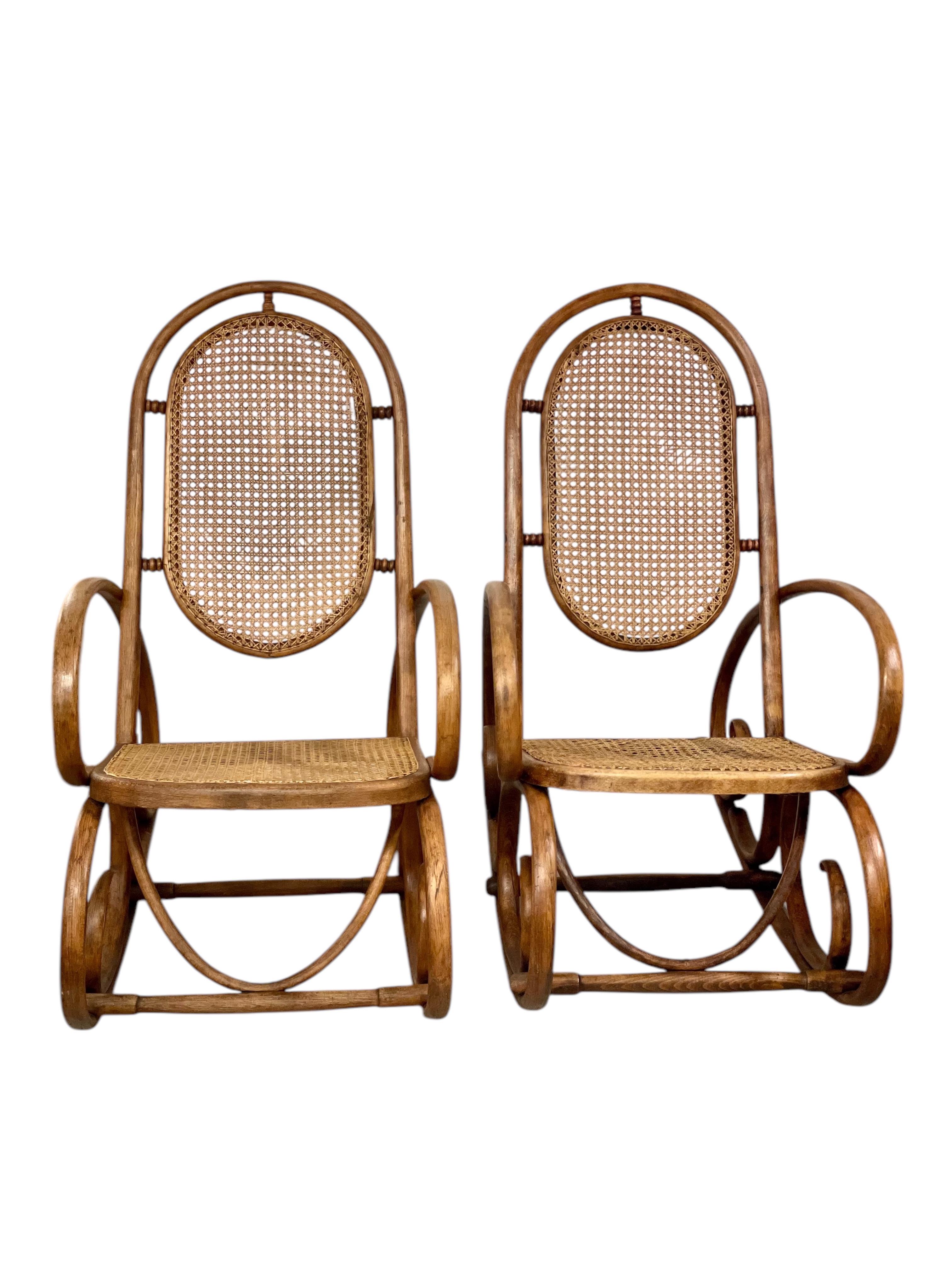 19th Century Rare Pair of Beechwood and Cane Rocking Chairs For Sale 2