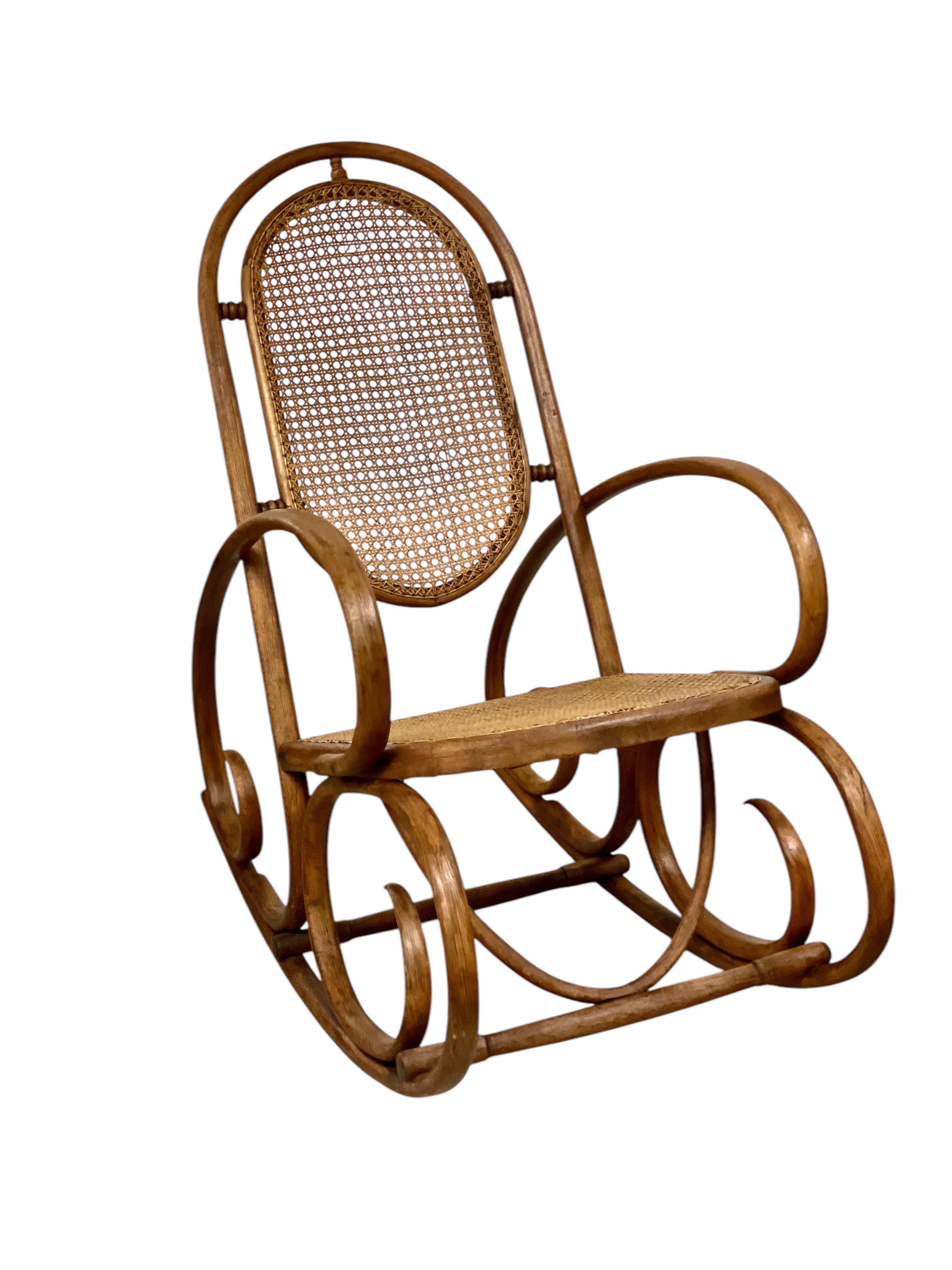 19th Century Rare Pair of Beechwood and Cane Rocking Chairs For Sale 4