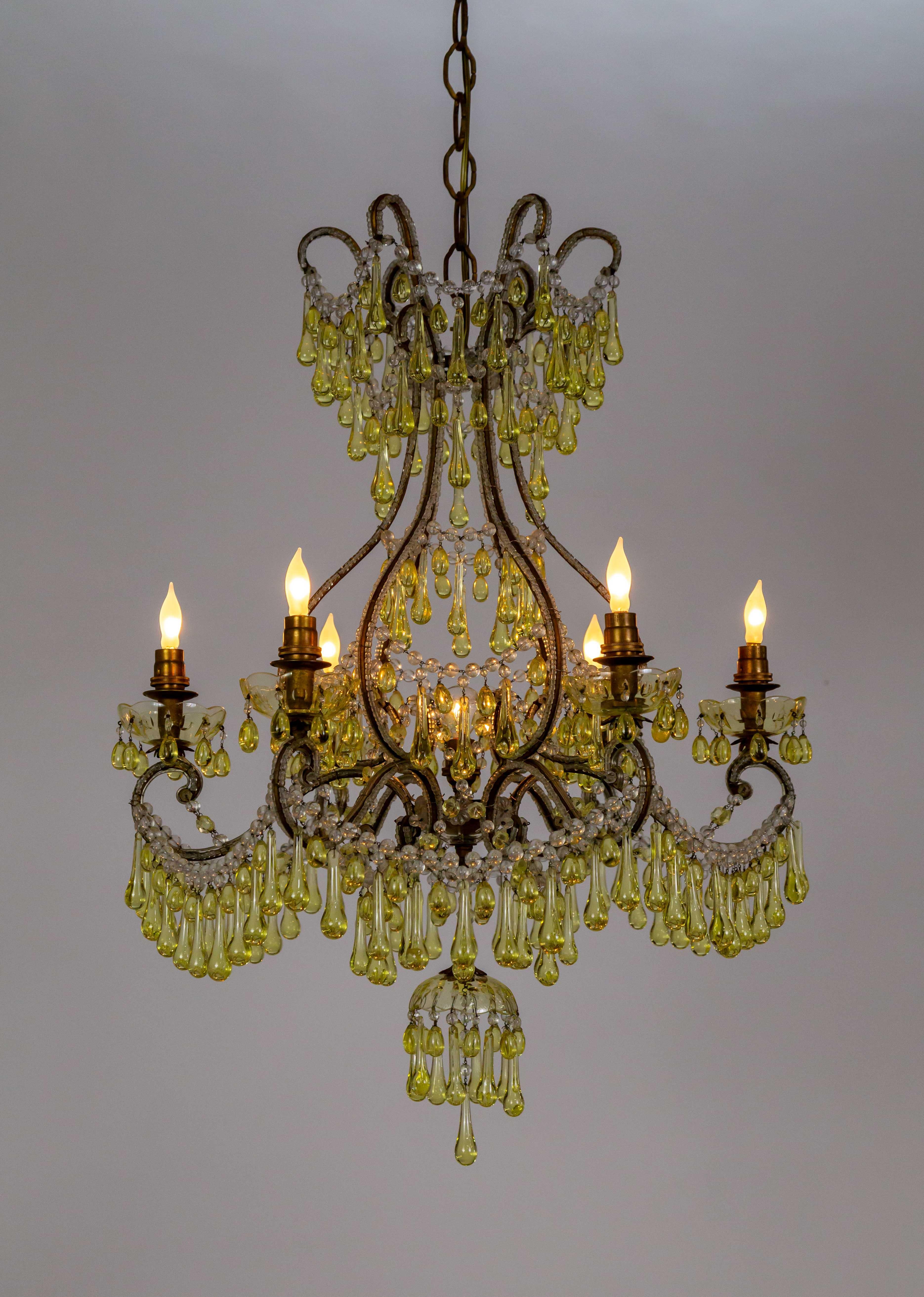 19th Century Rare Pale Yellow Crystal Drops Birdcage Chandelier For Sale 6