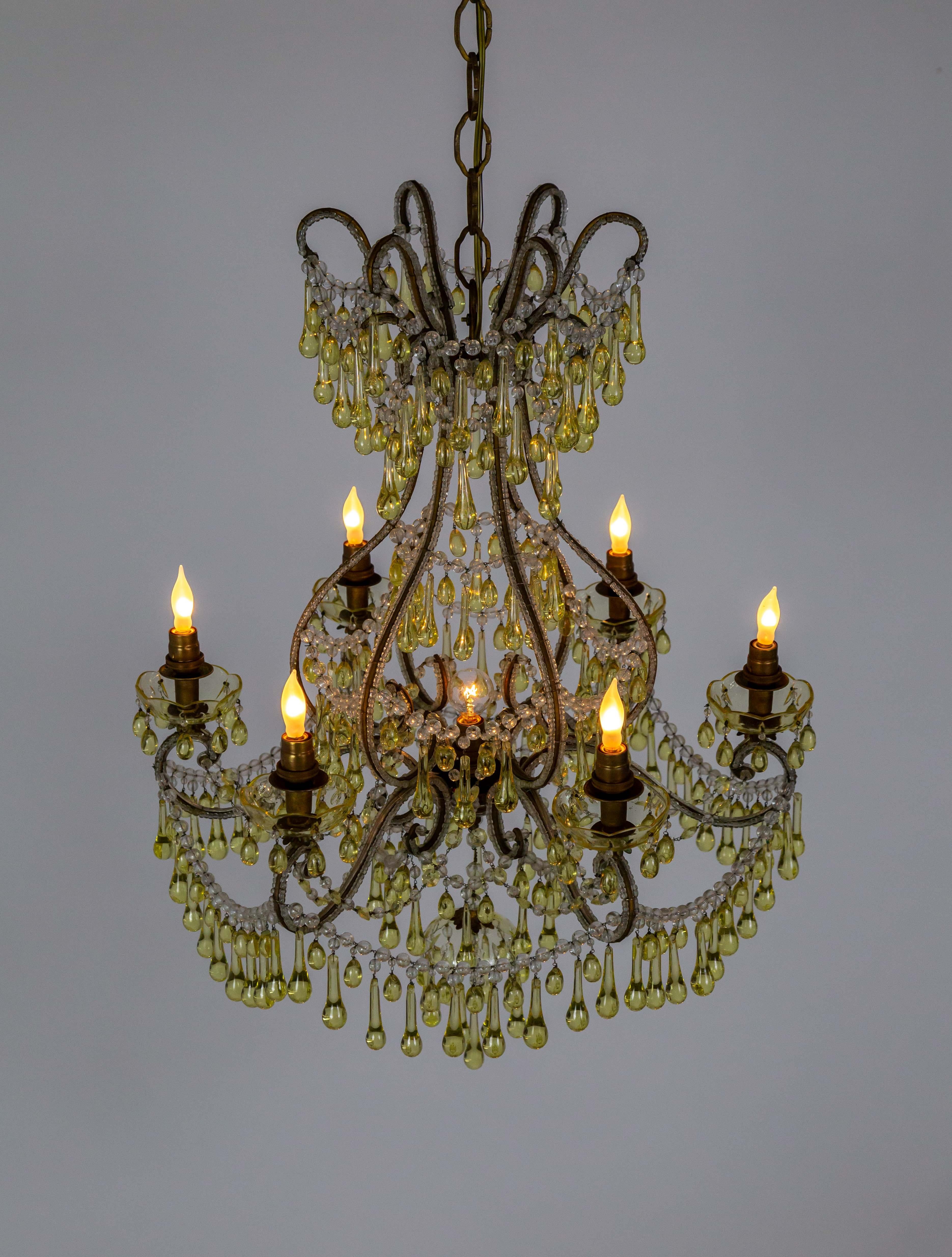 19th Century Rare Pale Yellow Crystal Drops Birdcage Chandelier For Sale 7