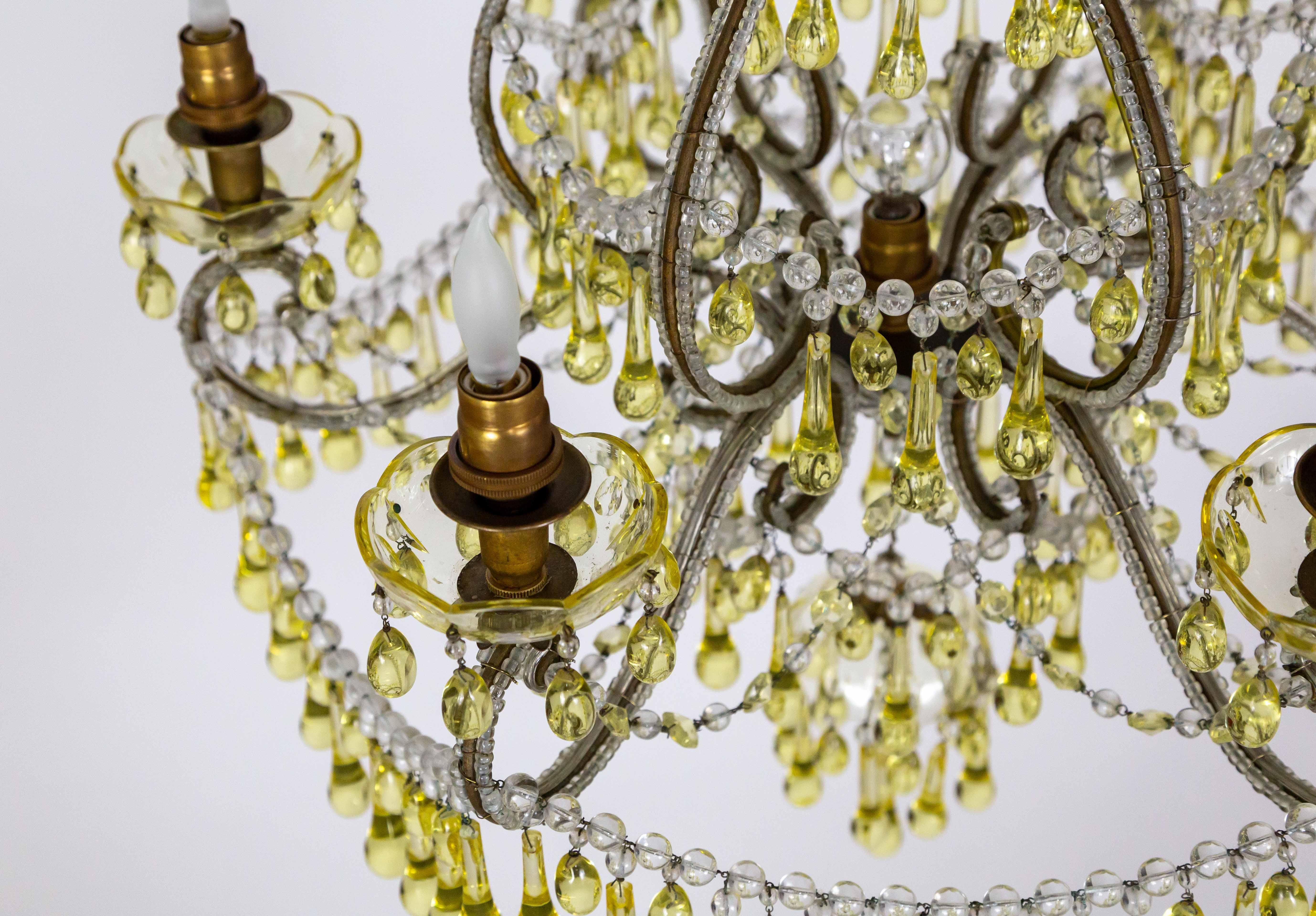 19th Century Rare Pale Yellow Crystal Drops Birdcage Chandelier For Sale 8