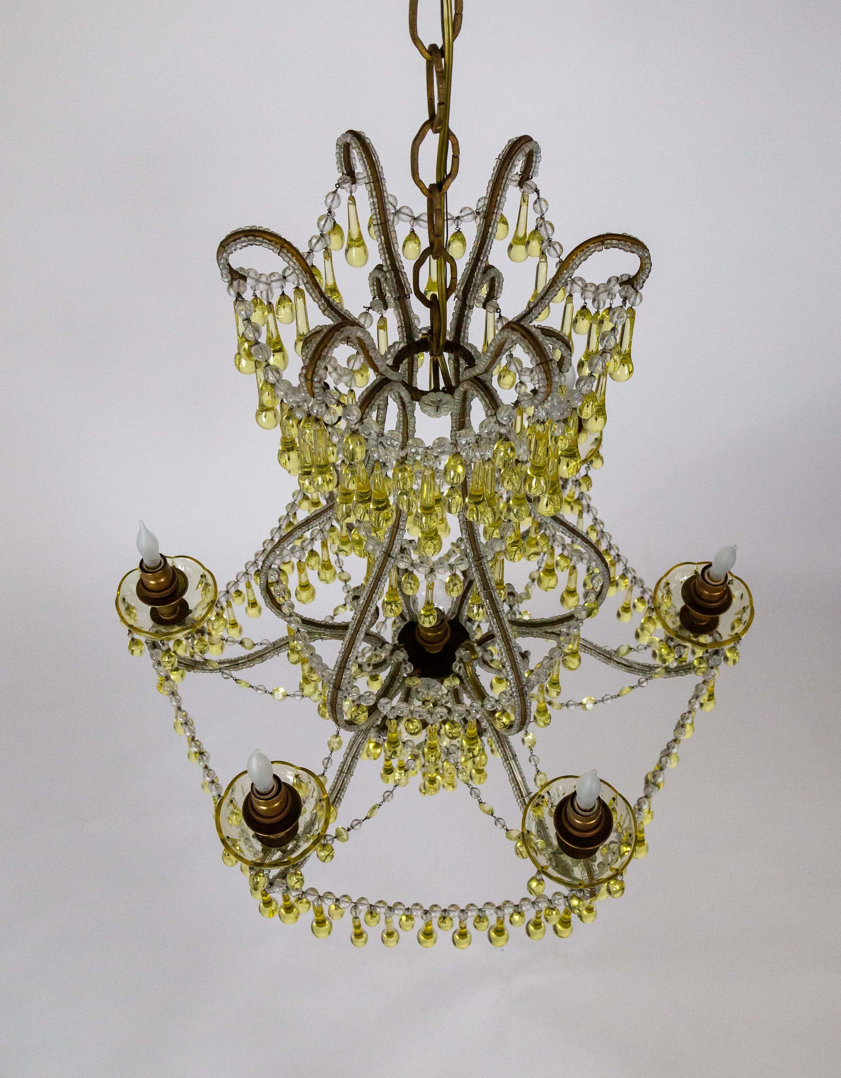 19th Century Rare Pale Yellow Crystal Drops Birdcage Chandelier For Sale 9