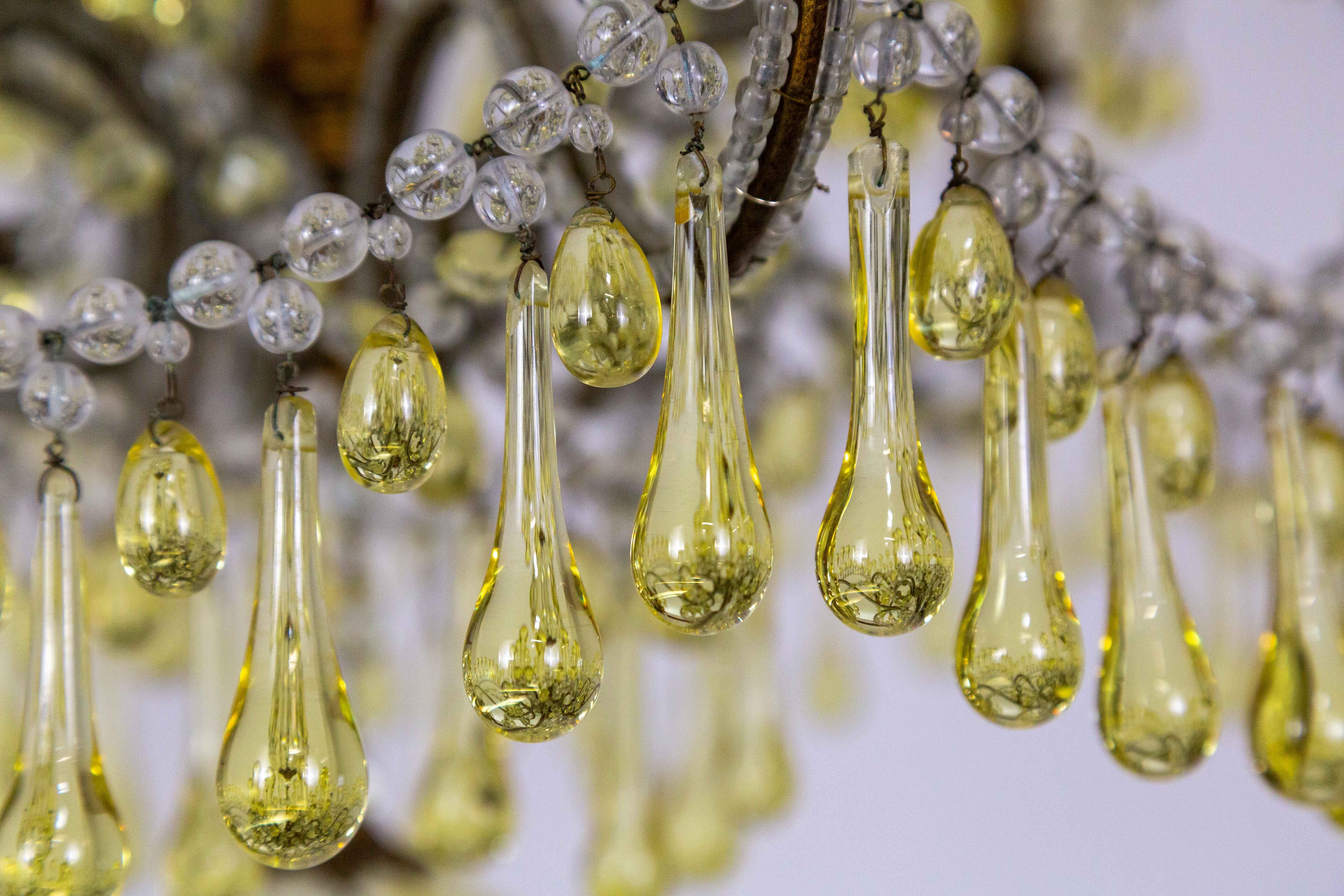 19th Century Rare Pale Yellow Crystal Drops Birdcage Chandelier For Sale 10