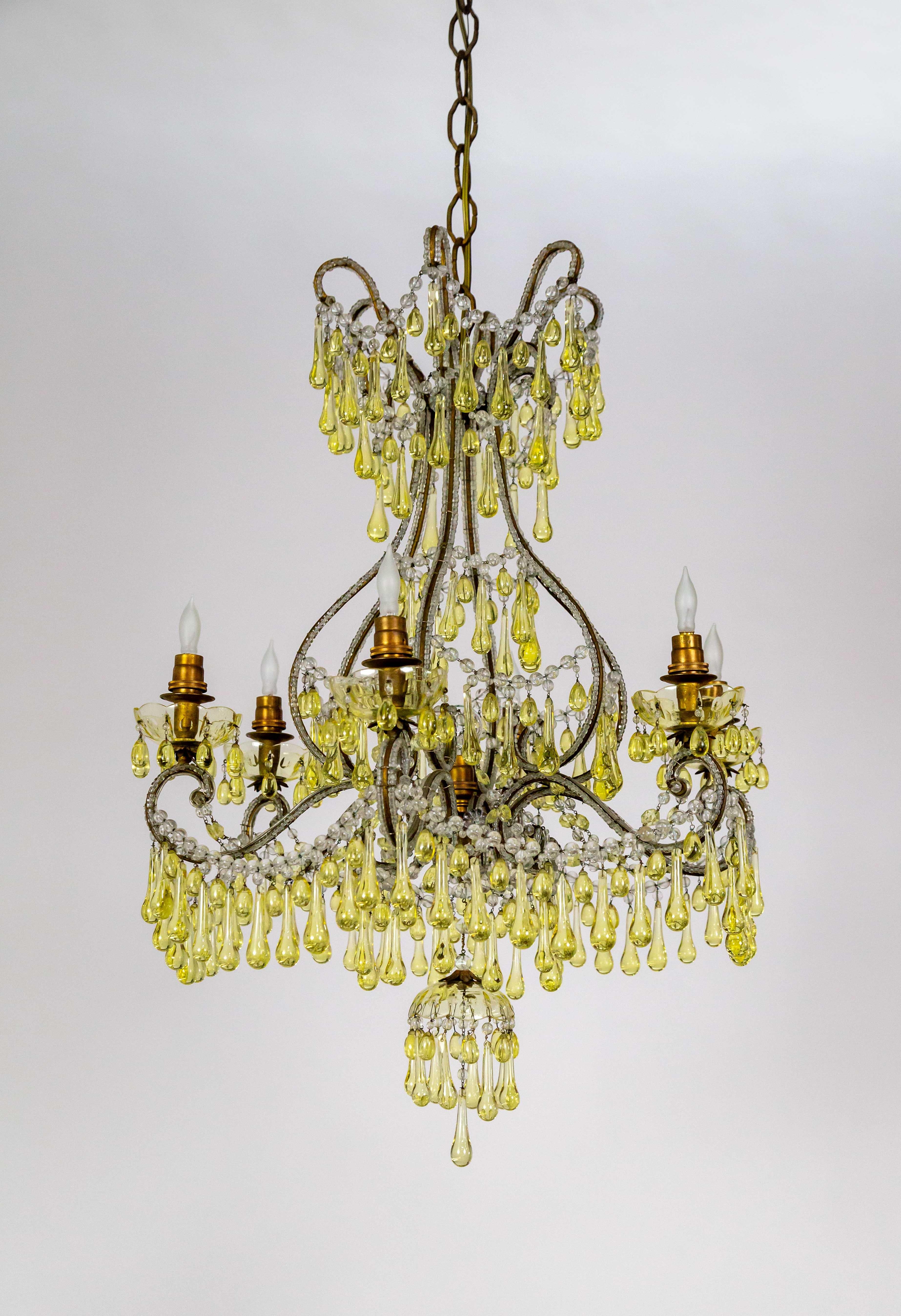 19th Century Rare Pale Yellow Crystal Drops Birdcage Chandelier For Sale 11