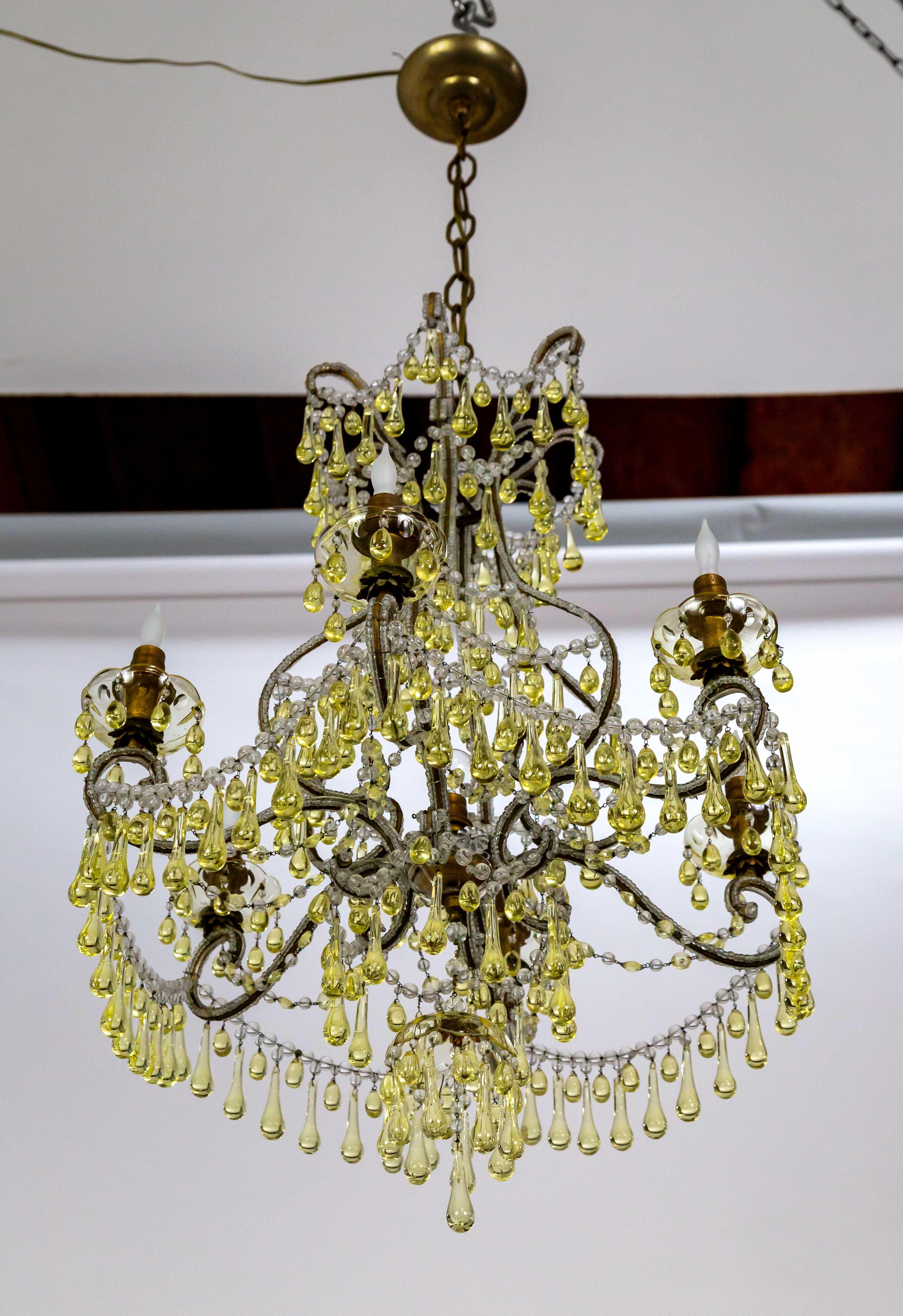 19th Century Rare Pale Yellow Crystal Drops Birdcage Chandelier For Sale 12