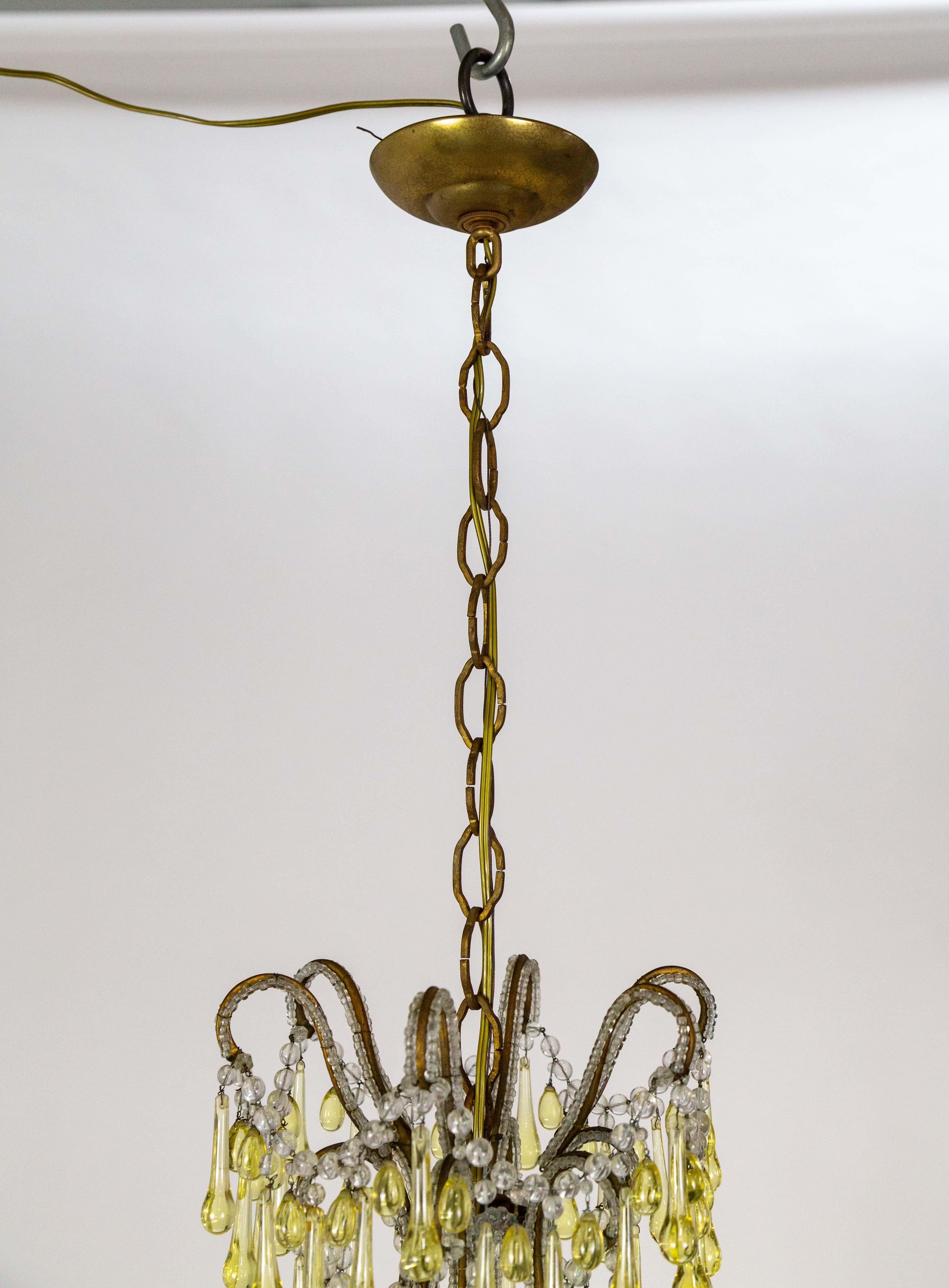 19th Century Rare Pale Yellow Crystal Drops Birdcage Chandelier For Sale 13
