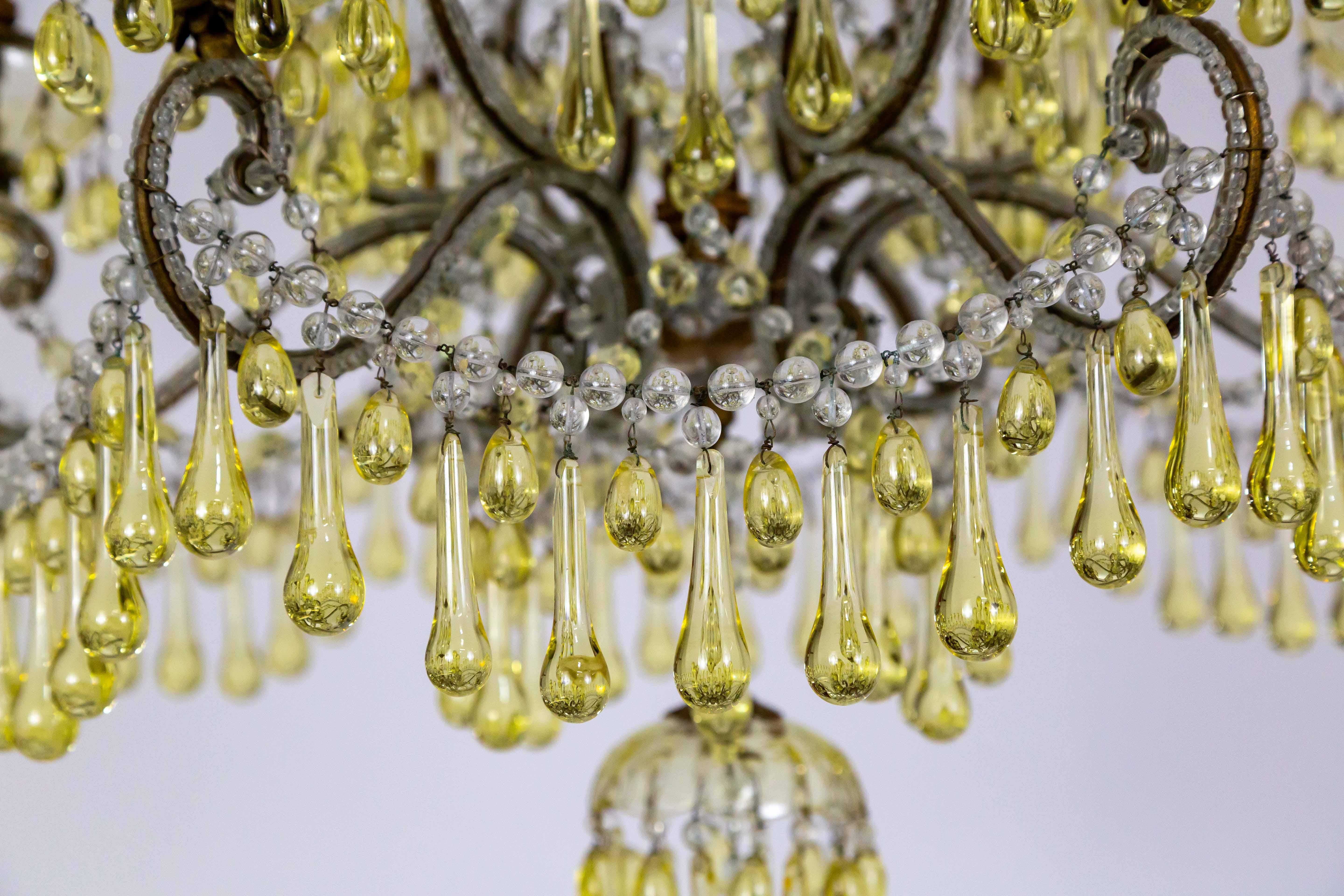 19th Century Rare Pale Yellow Crystal Drops Birdcage Chandelier In Good Condition For Sale In San Francisco, CA