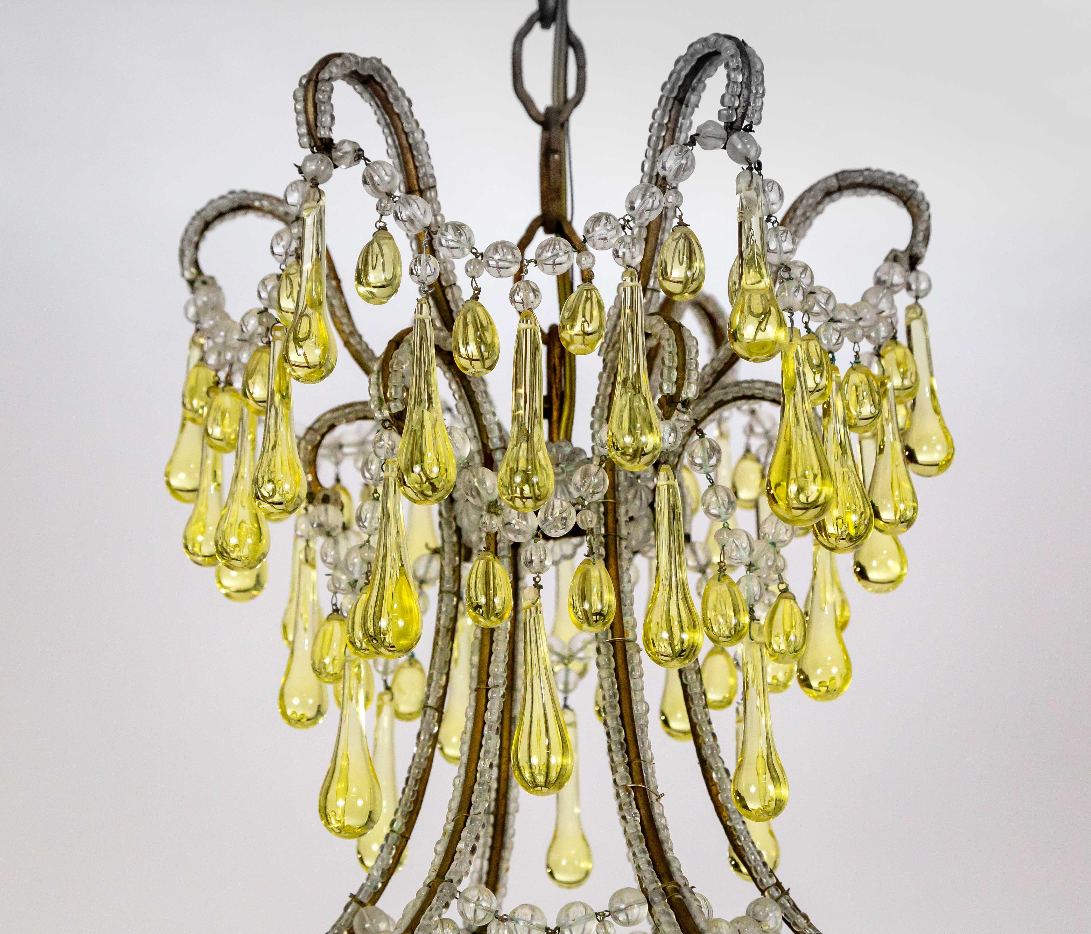 Metal 19th Century Rare Pale Yellow Crystal Drops Birdcage Chandelier For Sale
