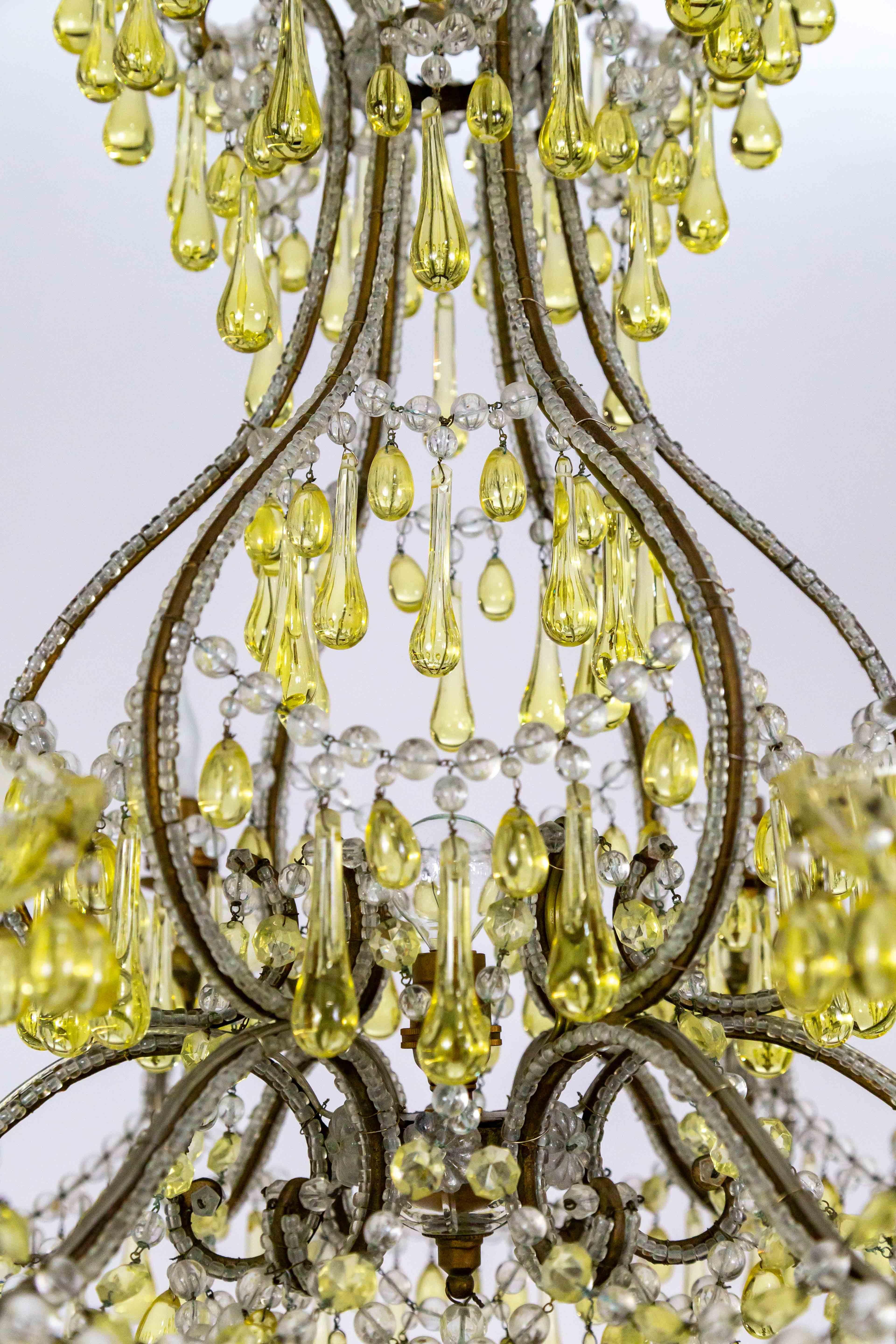 19th Century Rare Pale Yellow Crystal Drops Birdcage Chandelier For Sale 1