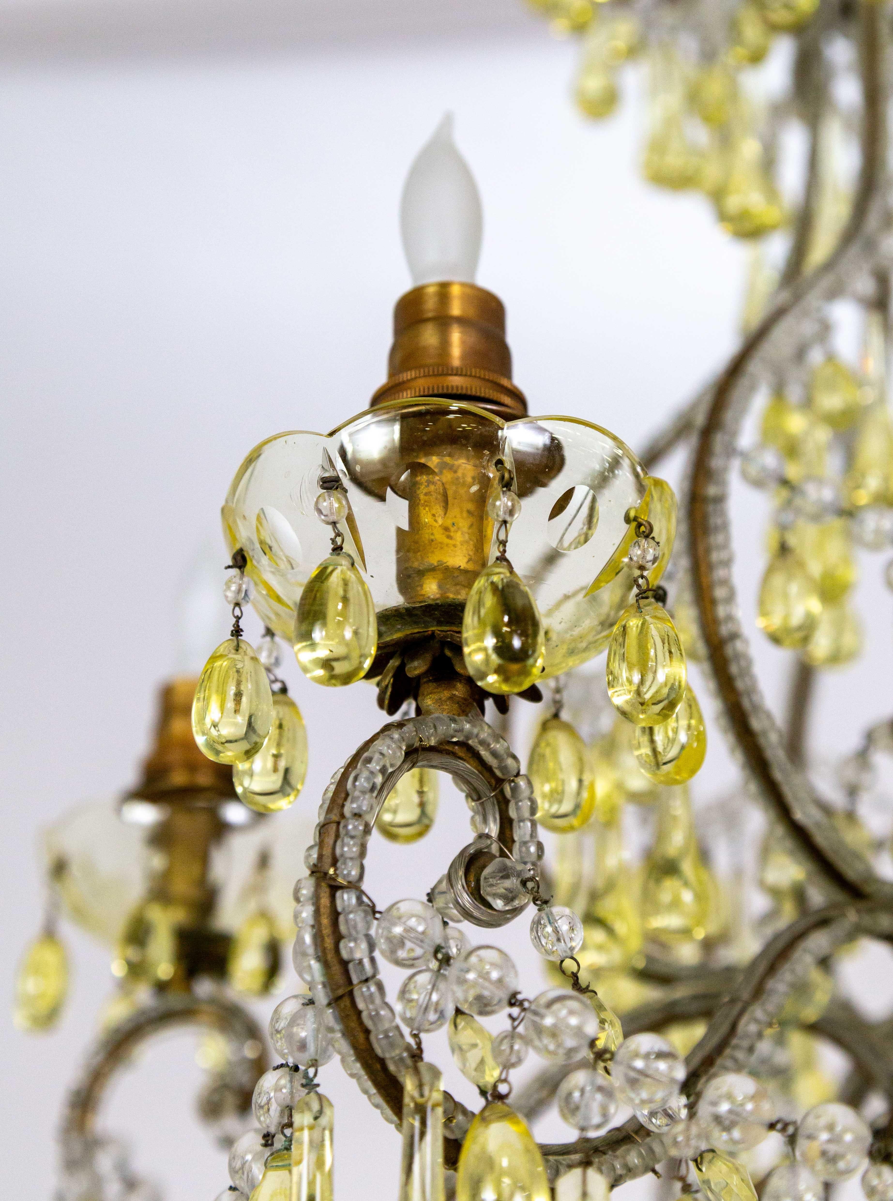 19th Century Rare Pale Yellow Crystal Drops Birdcage Chandelier For Sale 2