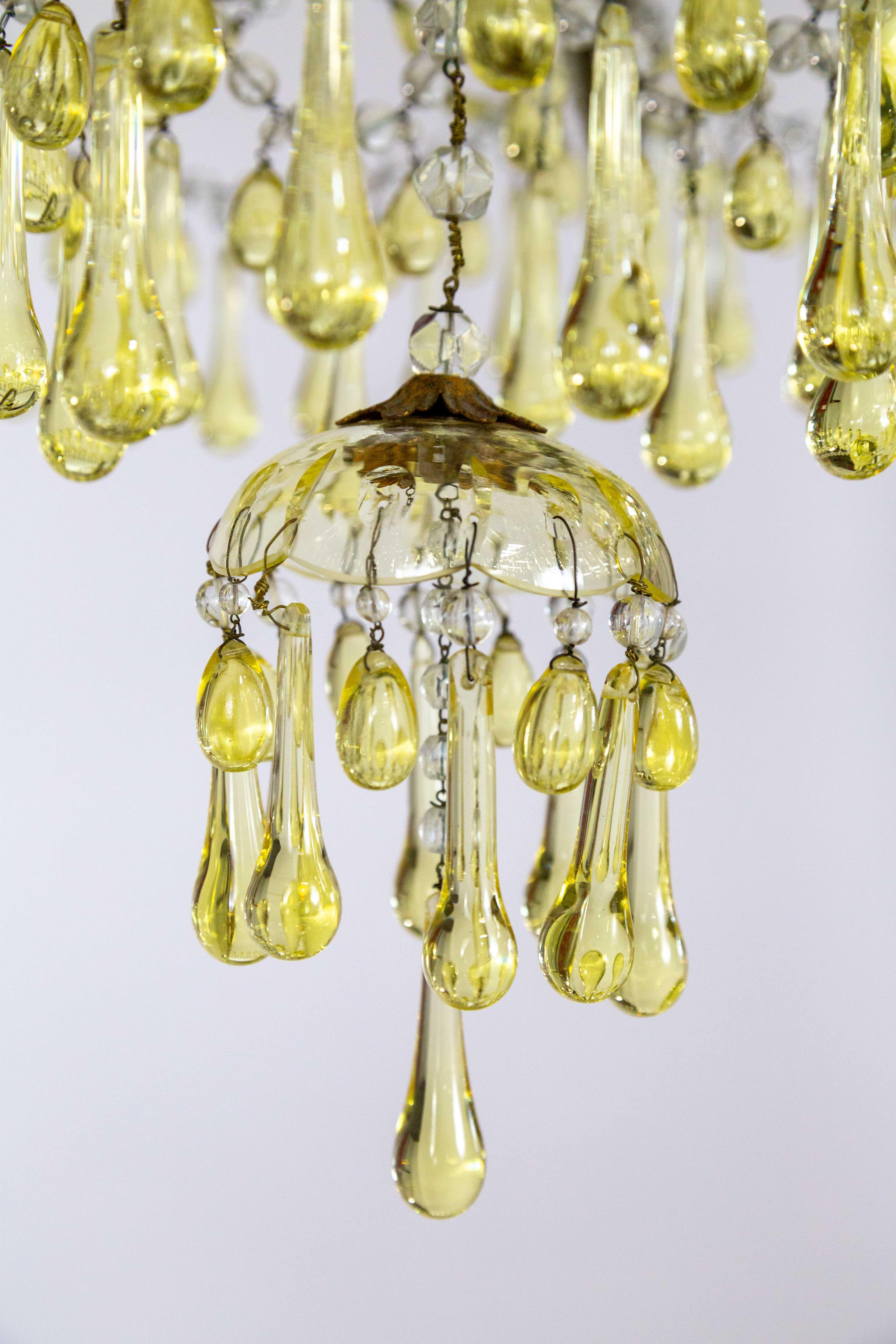 19th Century Rare Pale Yellow Crystal Drops Birdcage Chandelier For Sale 3