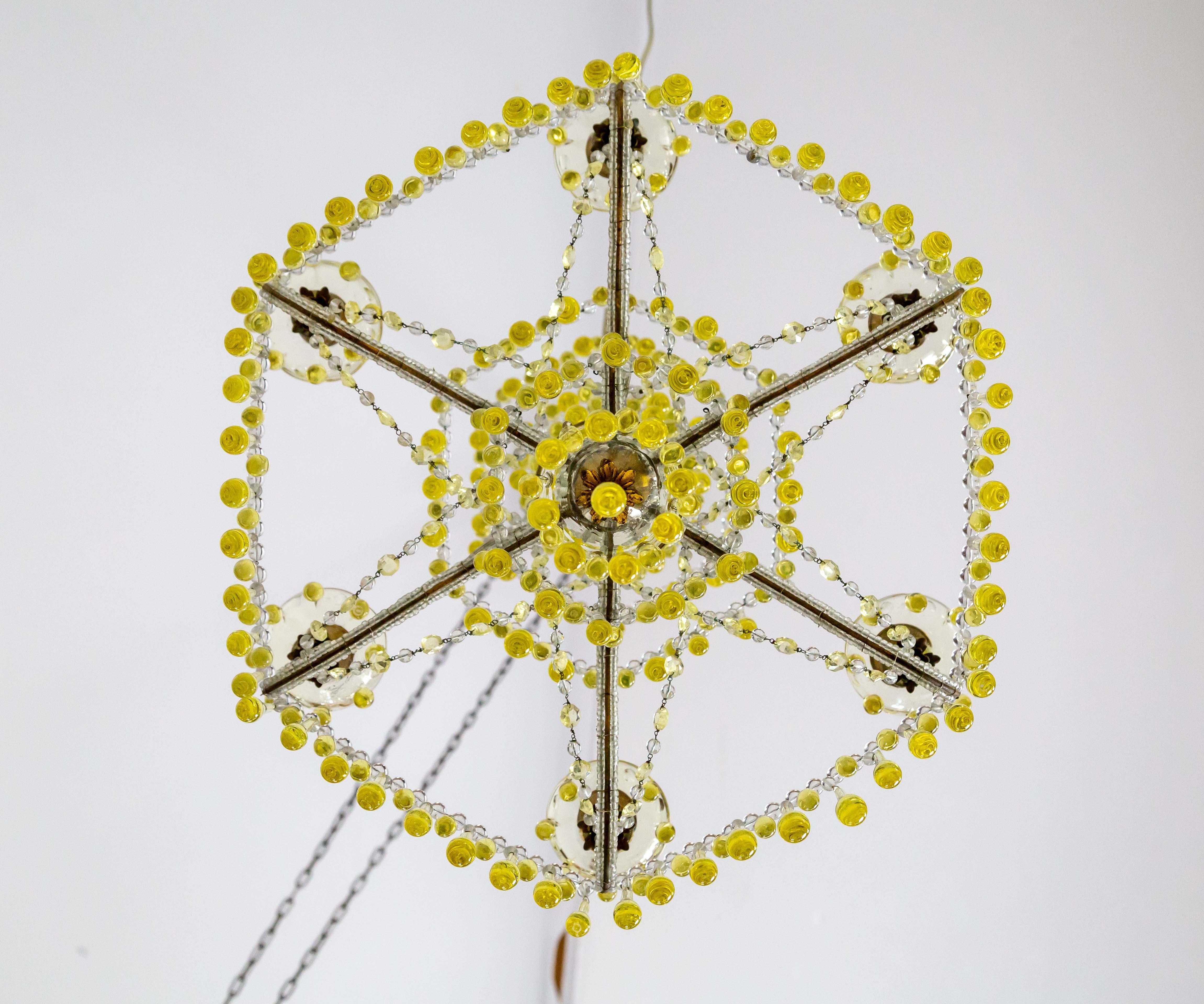 19th Century Rare Pale Yellow Crystal Drops Birdcage Chandelier For Sale 4