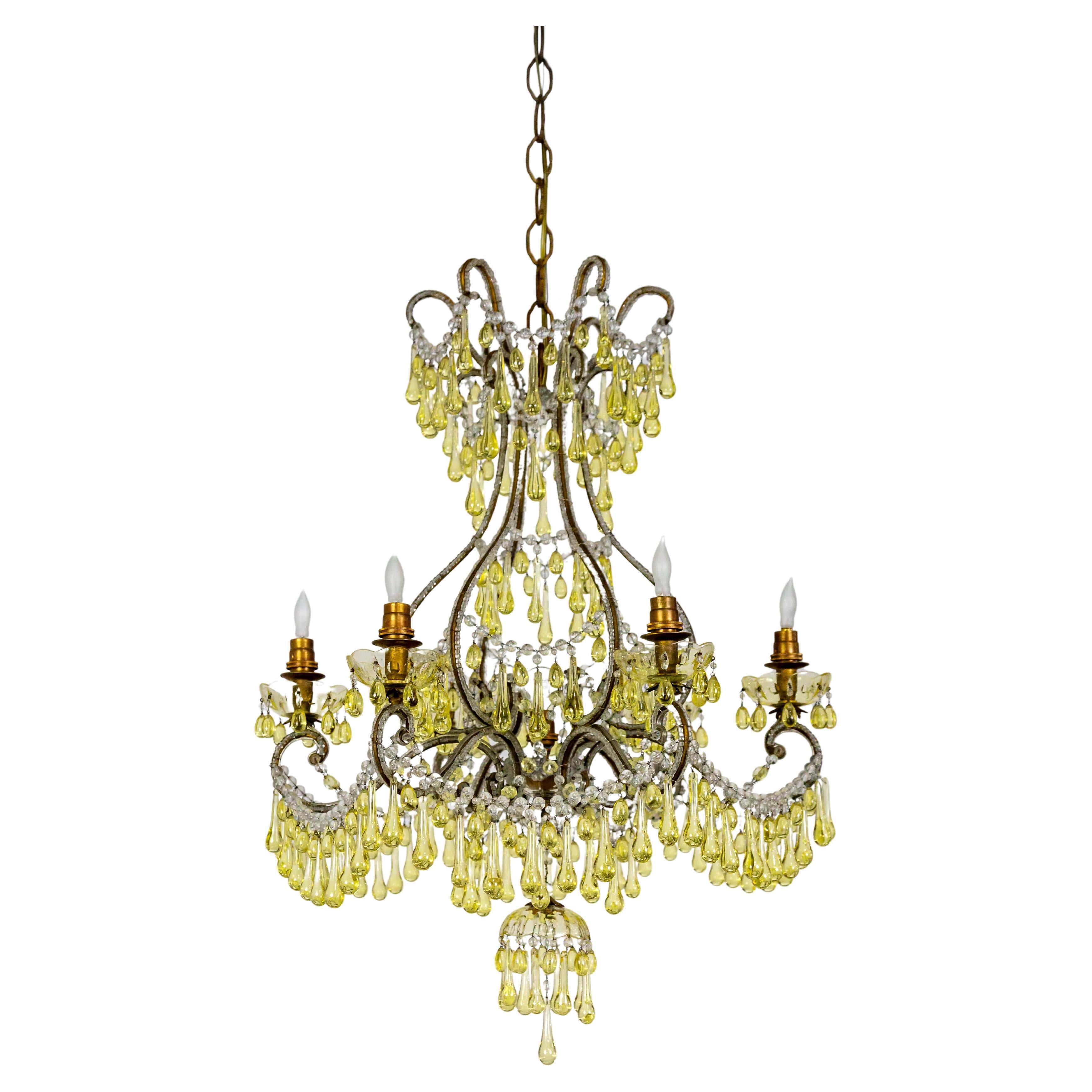 19th Century Rare Pale Yellow Crystal Drops Birdcage Chandelier For Sale