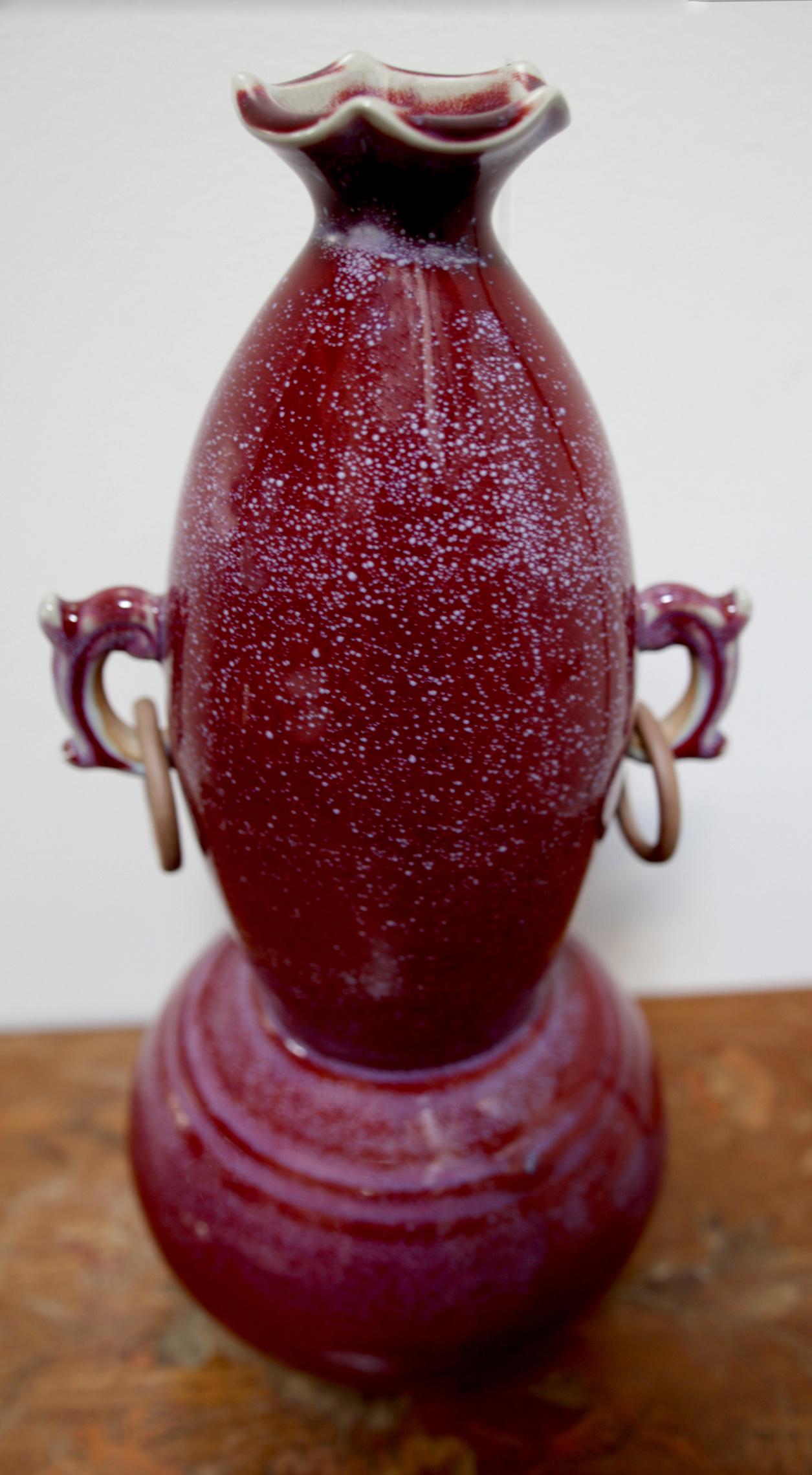 Fired 19th Century Rare Sang de Boeuf, Oxblood Gourd Vase with Ears, Copper Rings For Sale