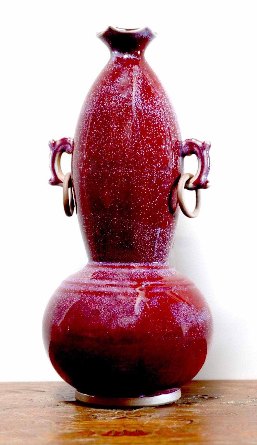 Ceramic 19th Century Rare Sang de Boeuf, Oxblood Gourd Vase with Ears, Copper Rings For Sale