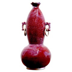 Rare Sang de Boeuf du 19e siècle, vase en calebasse à oreilles, anneaux en cuivre