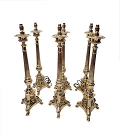 19th Century Rare Set of Six Brass Gothic Candlesticks Converted to Table Lamps