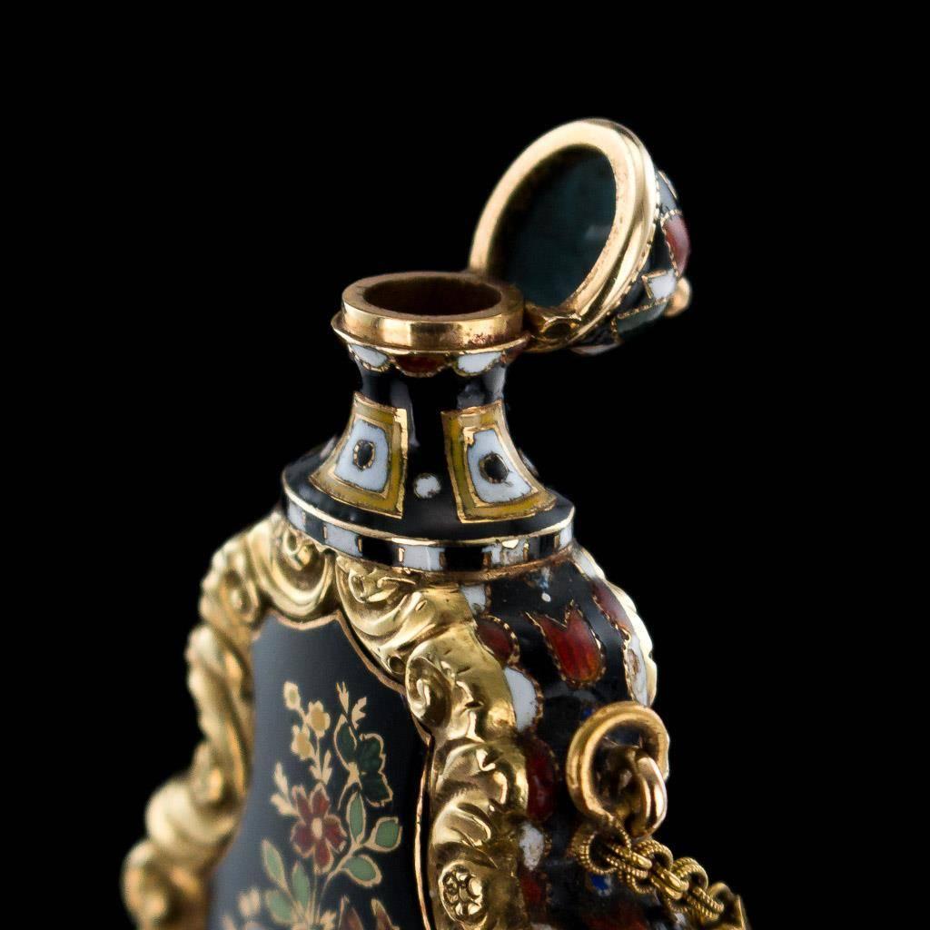 Enameled 19th Century Rare Swiss 18-Karat Gold and Enamel Scent Bottle, Bautte & Moynier