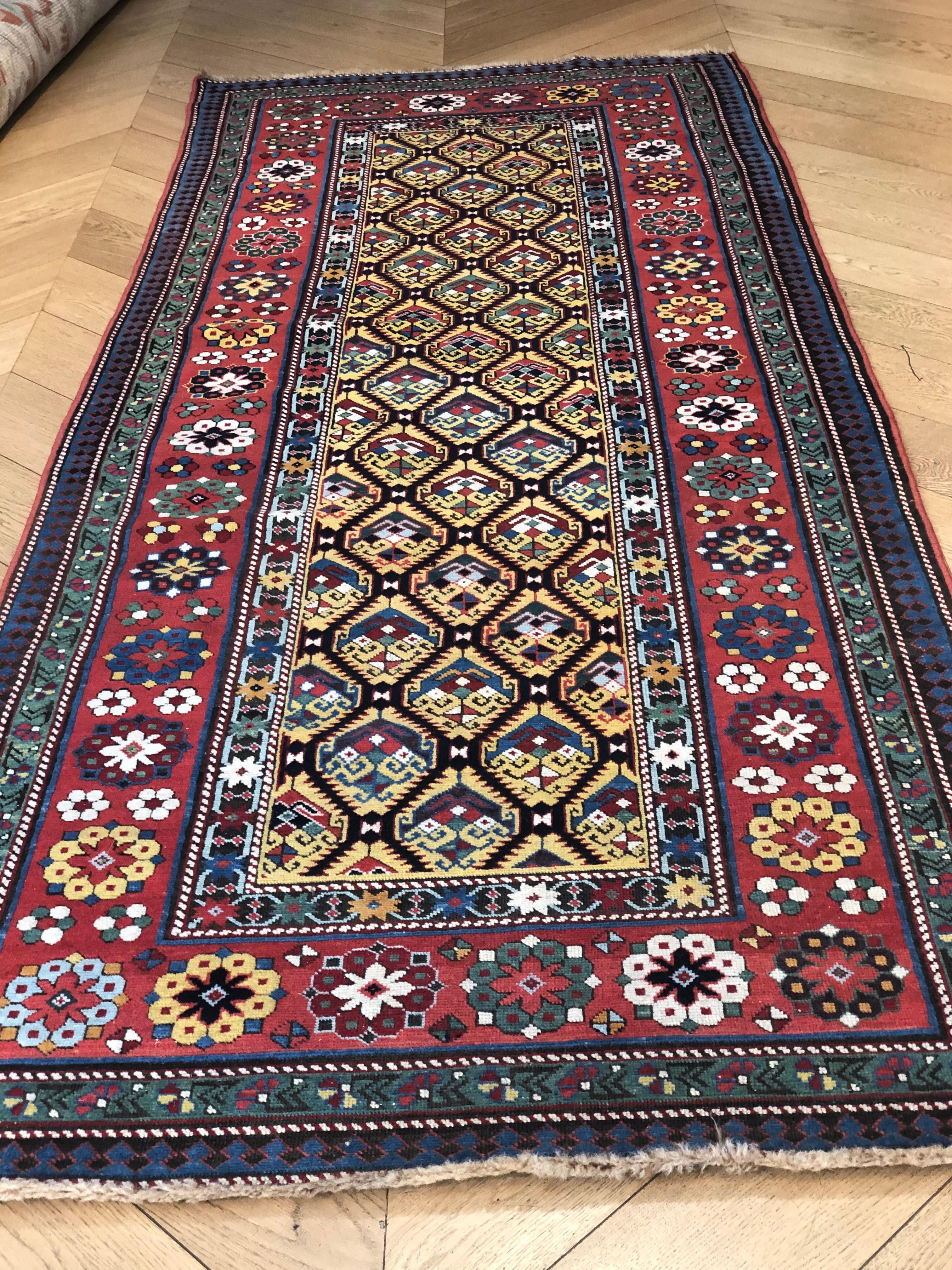 Hand-Knotted 19th Century Rare Yellow and Red with Flowers and Boté Caucasian Talish, ca 1890 For Sale