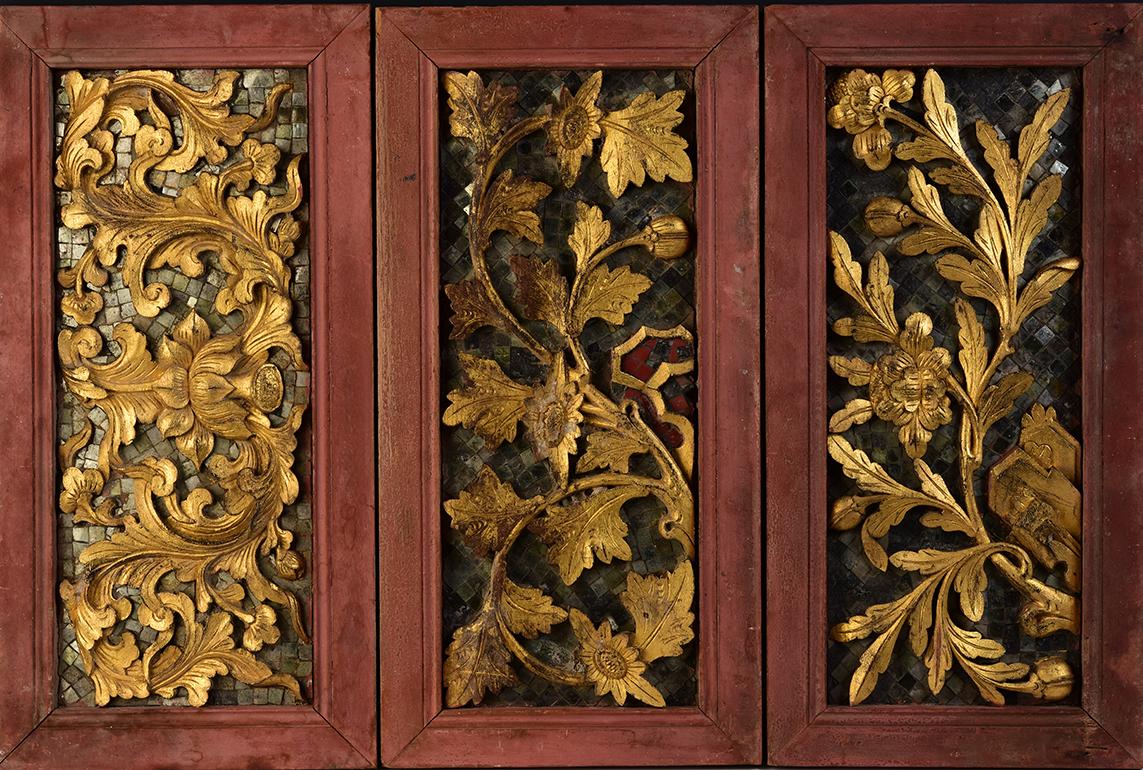 A set of Thai wood carving panels with flower.

Age: Thailand, Rattanakosin Period, 19th Century
Size per panel: Height 61.5 C.M. / Width 30.7 C.M. / Thickness 3.6 C.M.
Size for all: Height 61.5 C.M. / Width 92.1 C.M.
Condition: Nice condition