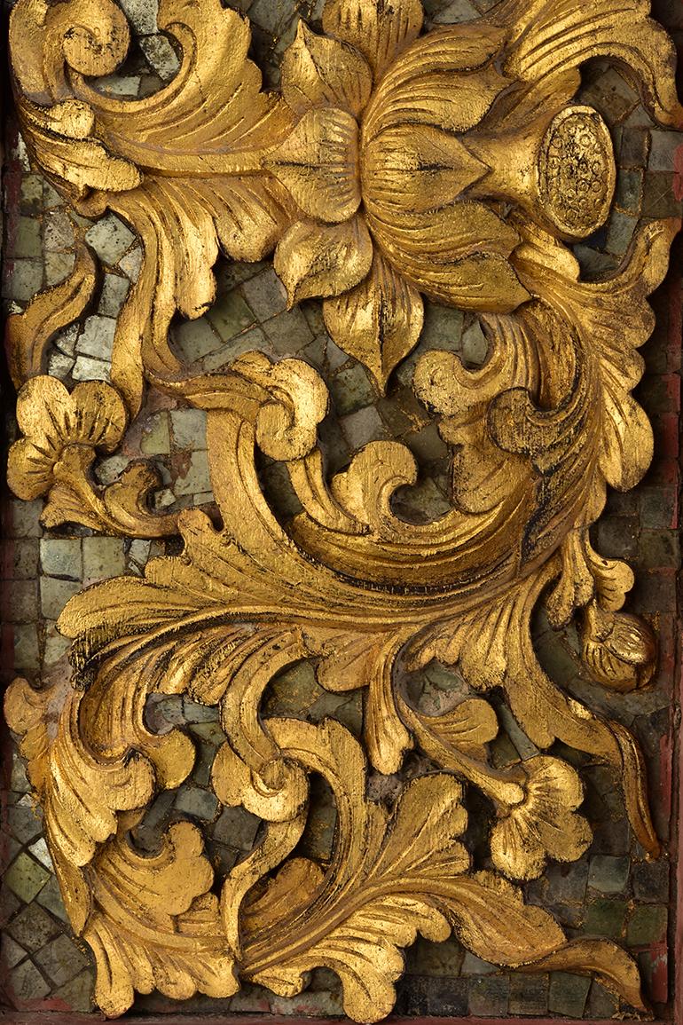 Hand-Carved 19th C., Rattanakosin, A Set of Antique Thai Wood Carving Panels with Flower For Sale