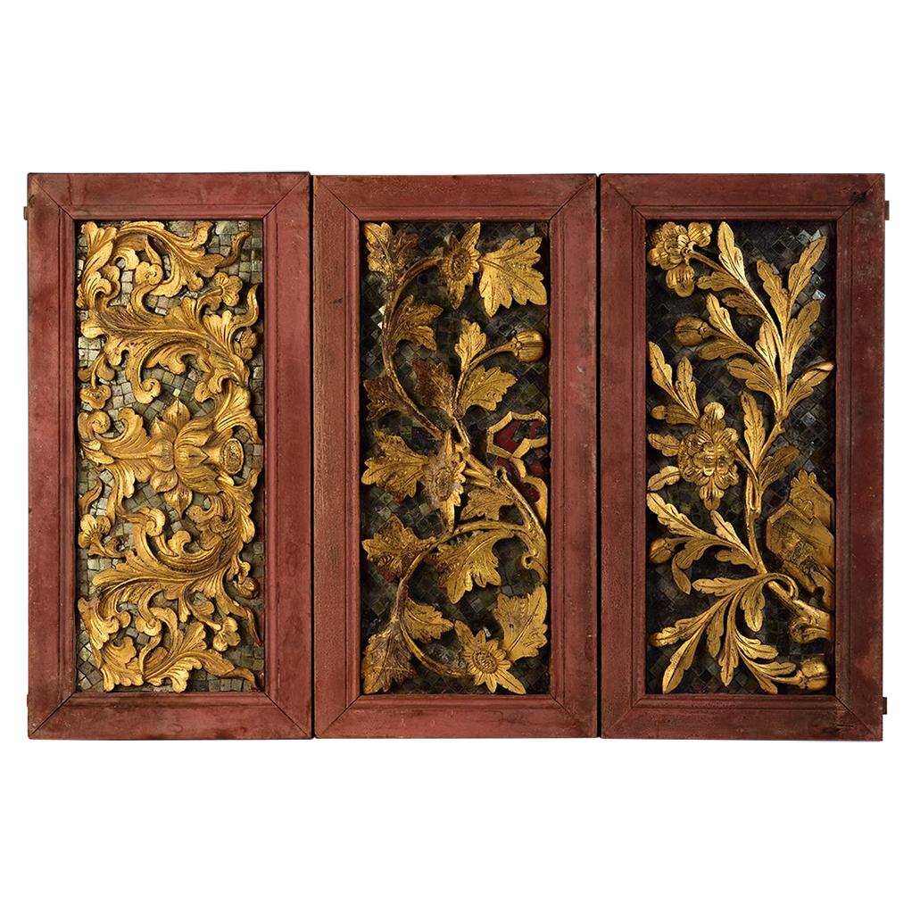 19th C., Rattanakosin, A Set of Antique Thai Wood Carving Panels with Flower