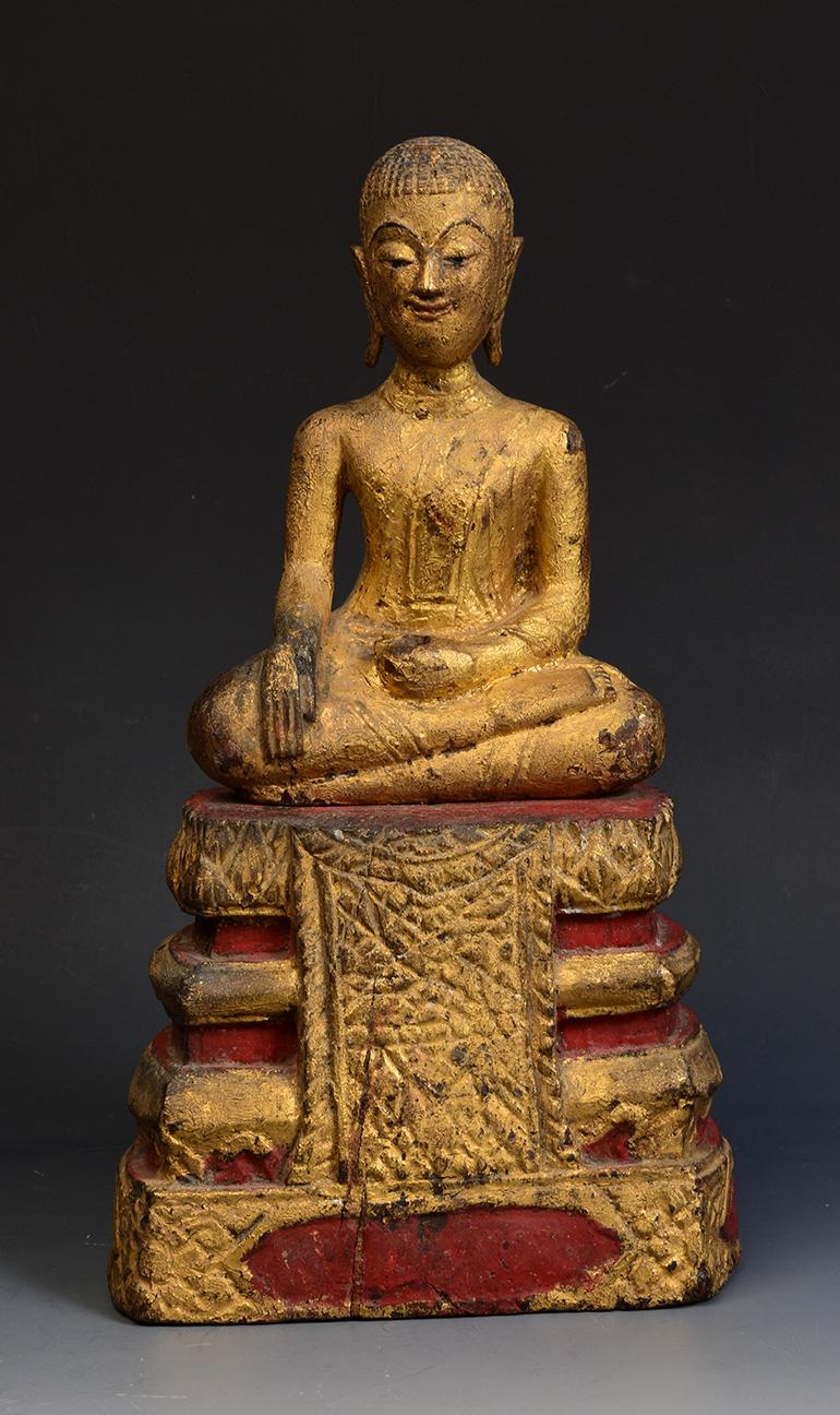 Rare Thai wooden seated disciple with gilded gold.

Age: Thailand, 19th Century
Size: Height 27.8 C.M. / Width 15.5 C.M. / Thickness 10 C.M.
Condition: Nice condition overall (some expected degradation due to its age).

100% satisfaction