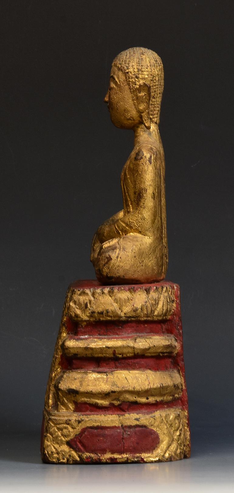 19th Century, Rattanakosin, Antique Thai Wooden Seated Disciple / Monk For Sale 4