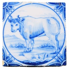19th Century Ravesteijn Blue & White Delft Tile of a Bull