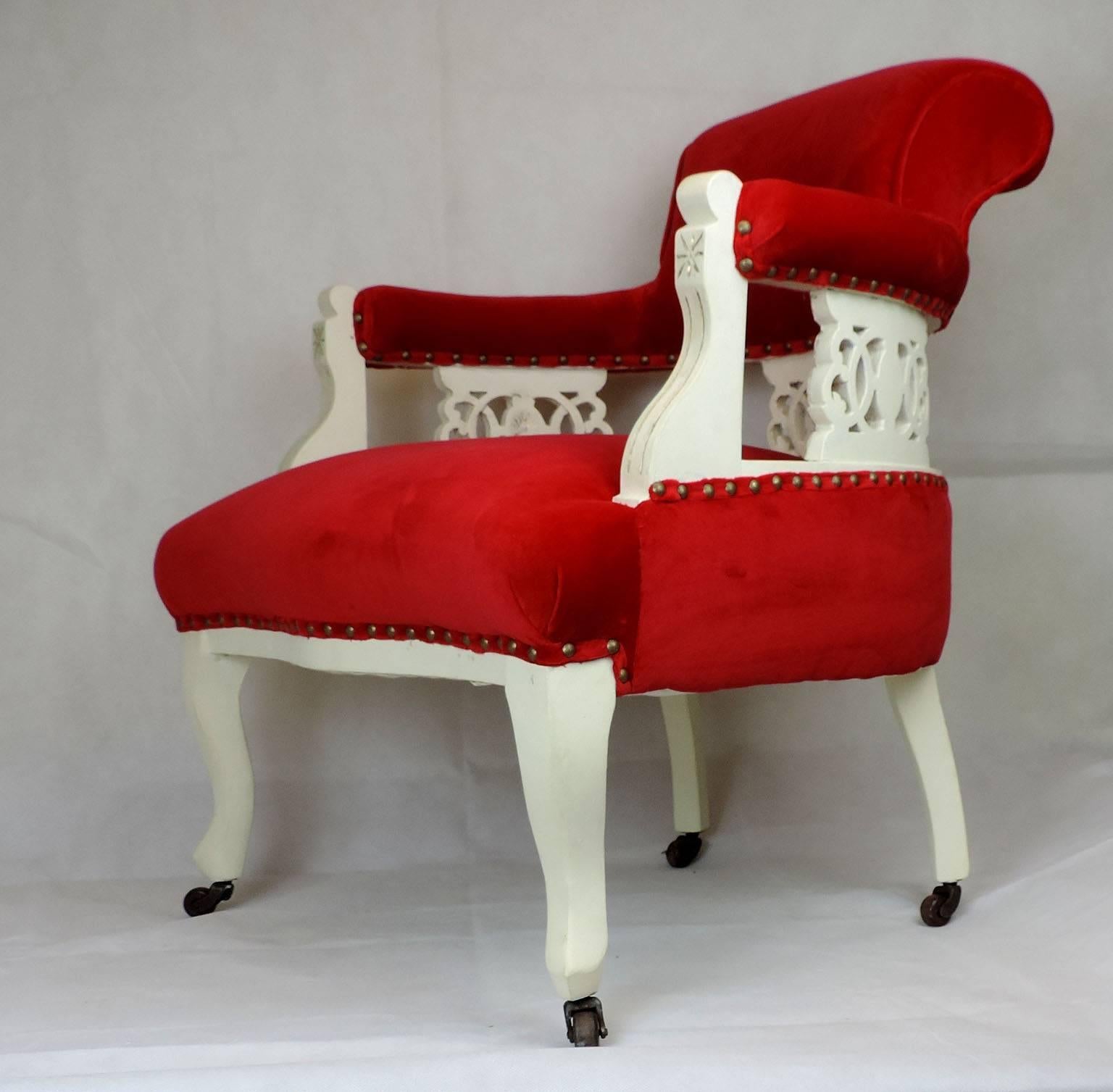 Woodwork 19th Century Read Velvet Victorian Tub Chair For Sale
