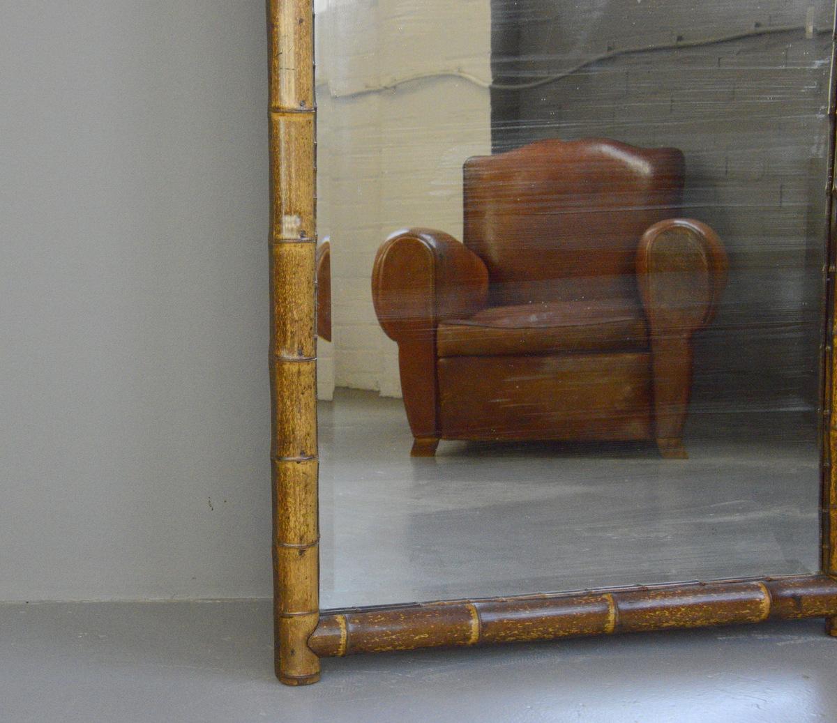 19th century real bamboo dressing room mirror

- Mercury glass mirror plate
- Real Bamboo frame
- Panelled back
- French ~ Dated April 1889
- 169cm tall x 101cm wide x 6cm deep

Condition Report

Some light patina to the mirror plate, the