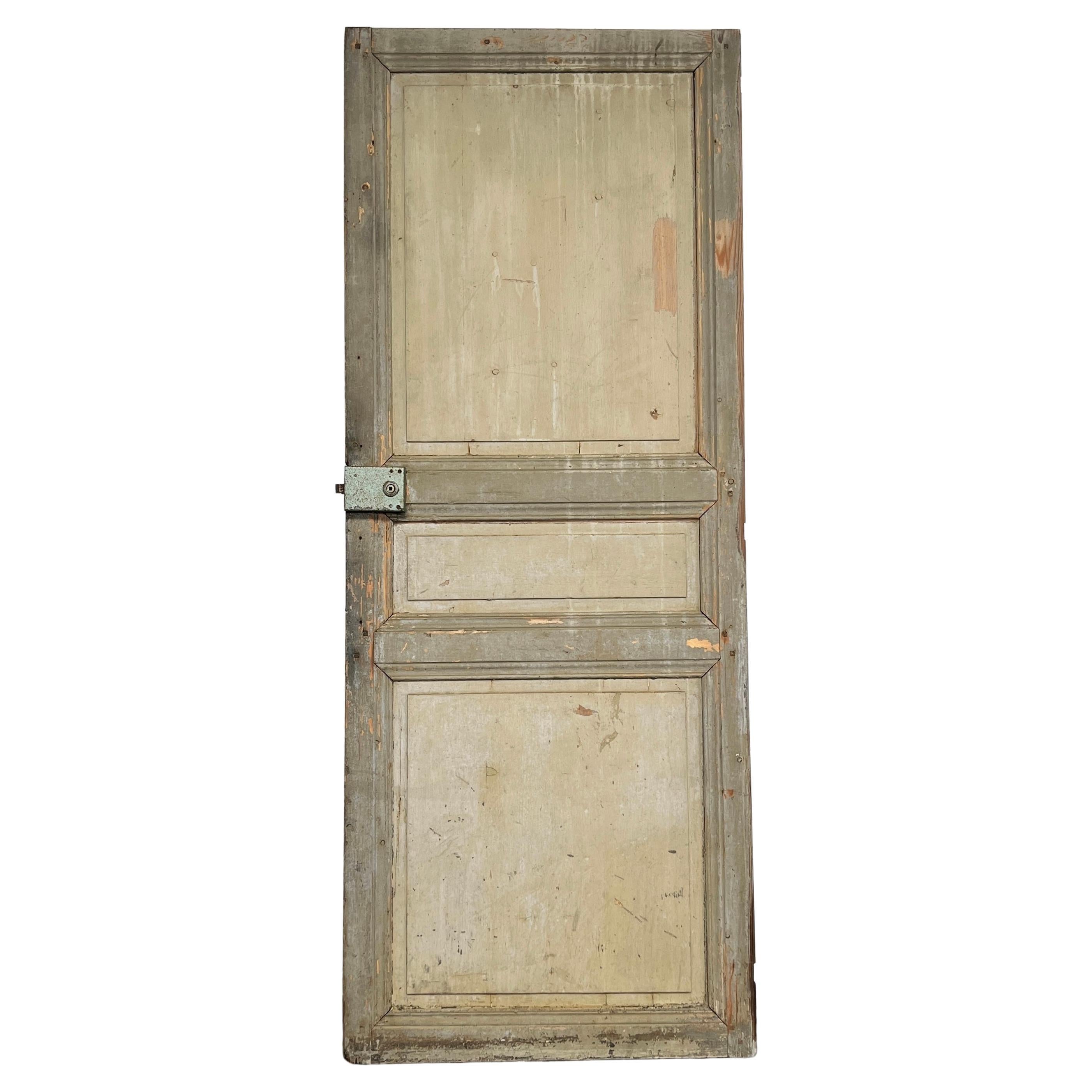 19th Century Reclaimed 3-Panel French Door with Olive Green Paint
