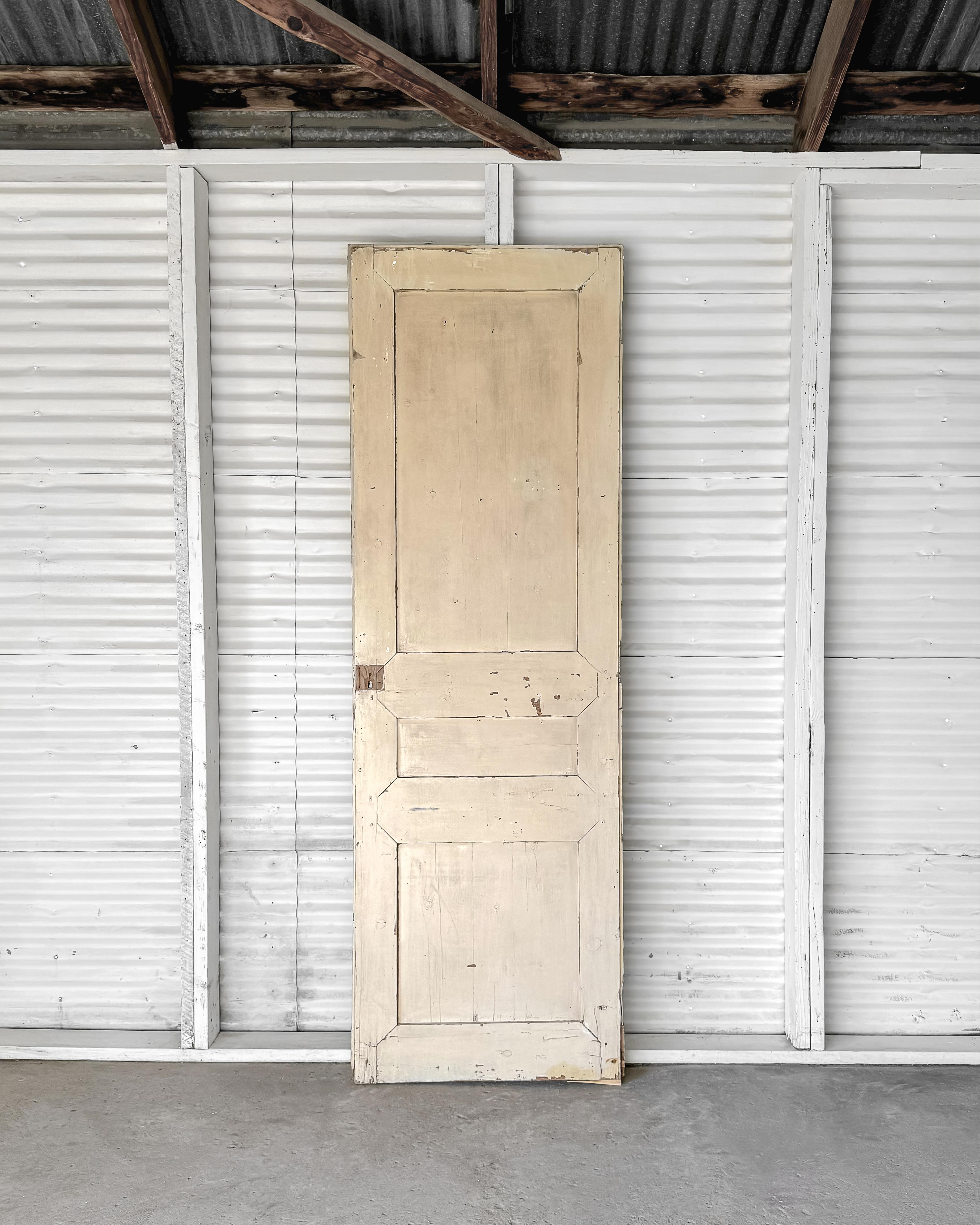 19th Century Reclaimed 3-Panel French Door with Worn Original Apricot Paint For Sale 6