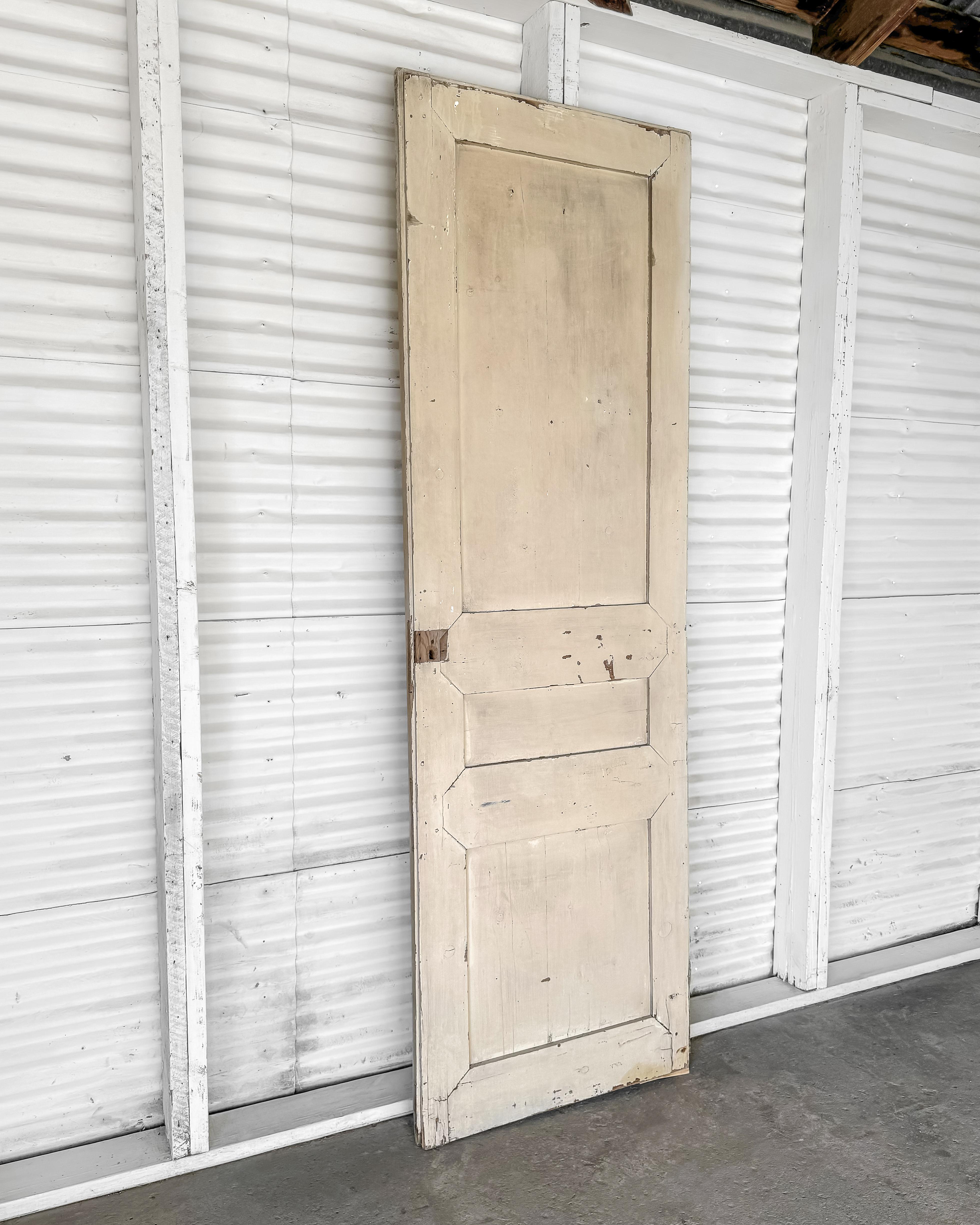 19th Century Reclaimed 3-Panel French Door with Worn Original Apricot Paint For Sale 7